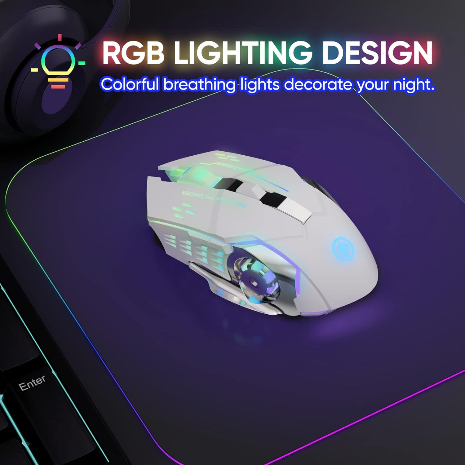 Wireless Gaming Mouse Bluetooth Mouse RGB Rechargeable 2.4G USB Cordless Computer Mice with 7 Color Backlit, 6 Buttons & Silent Click for Laptop, Ipad, Mac OS, PC, Windows -White image number 5