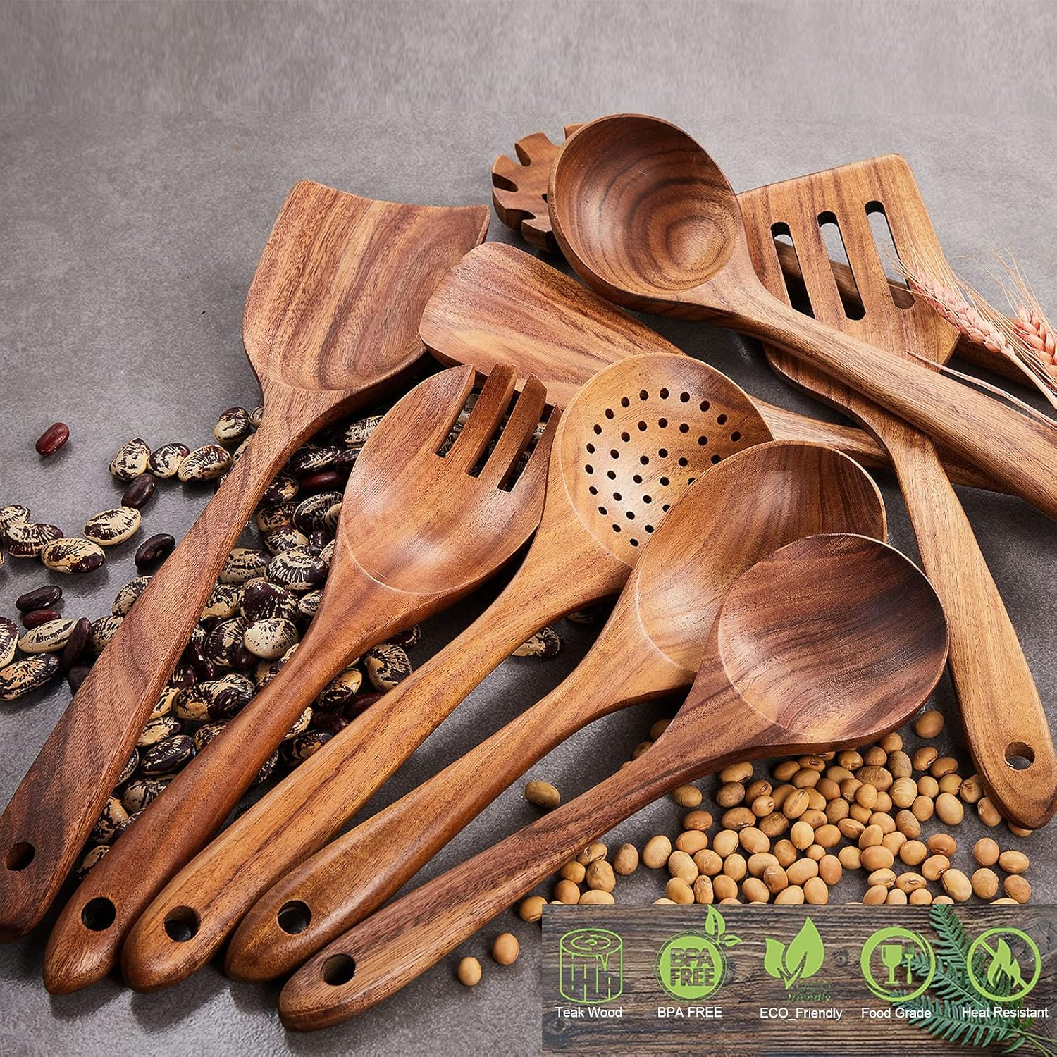 Wooden Kitchen Utensils Set,Gudamaye 9 PCE Natural Teak Wooden Spoons for Non-Stick Pan for Cooking, image number 2