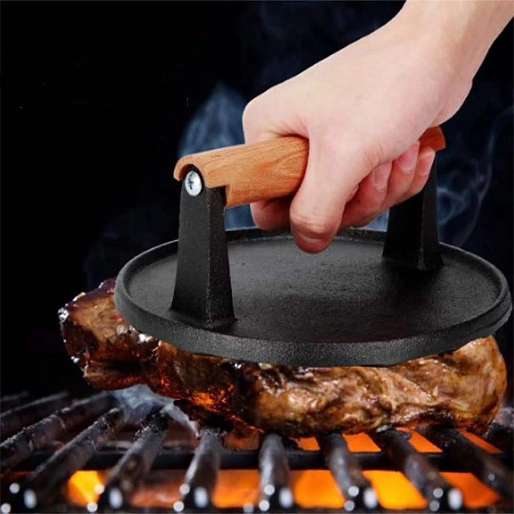 6.9 Inch Smashed Burger Press, 1.1KG Cast Iron Grill Press with Pan Clamp, Burger Smasher Griddle Heat Resistant Wooden Handle, Meat Press Griddle Press for Flat Top Grill Cooking Bacon Steak image number 2