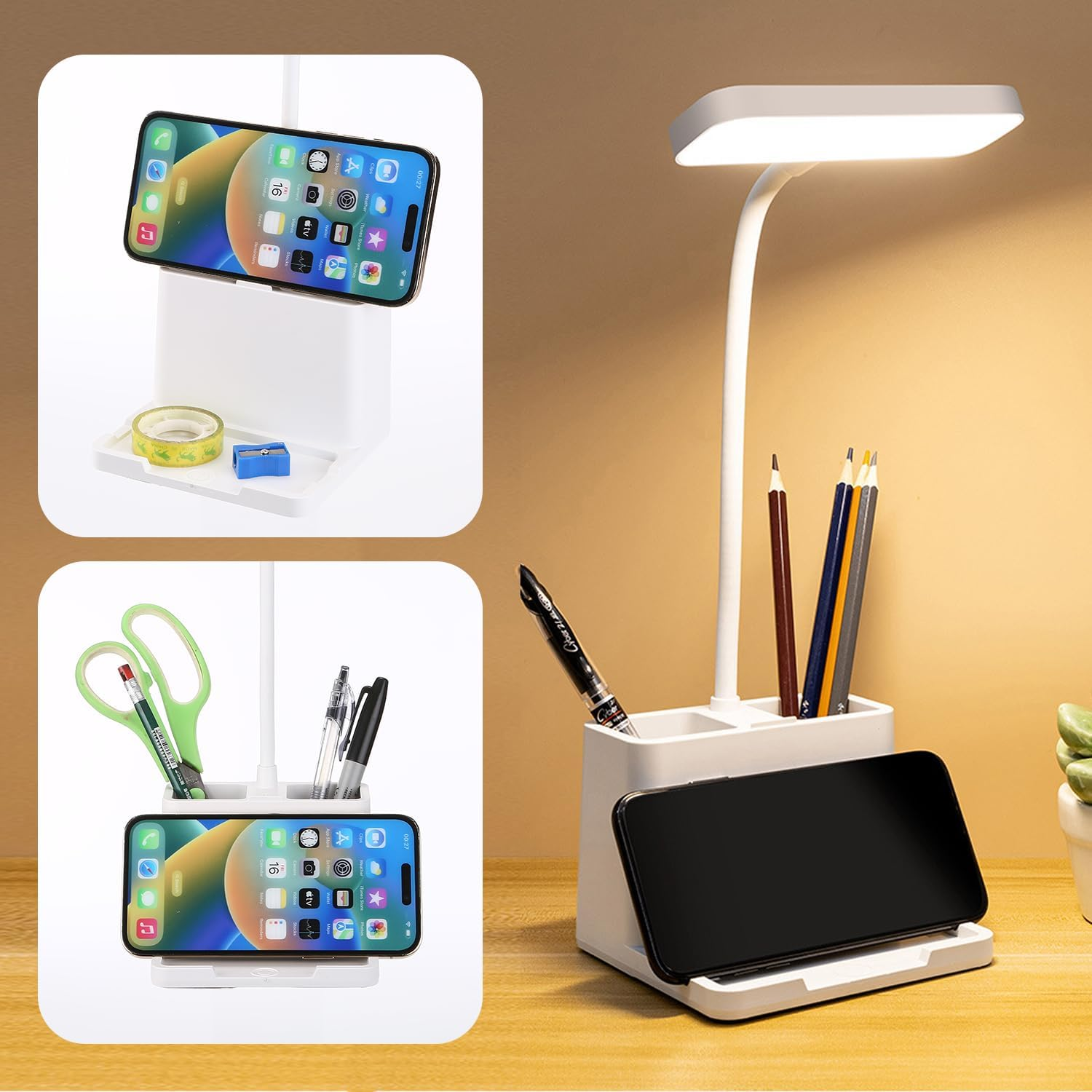 LED Desk Lamp with Stepless Dimming & Touch Switch, Flexible Gooseneck Eye-Caring Table Light, USB Rechargeable with Pen Holder & Phone Holder for Home & Office image number 2