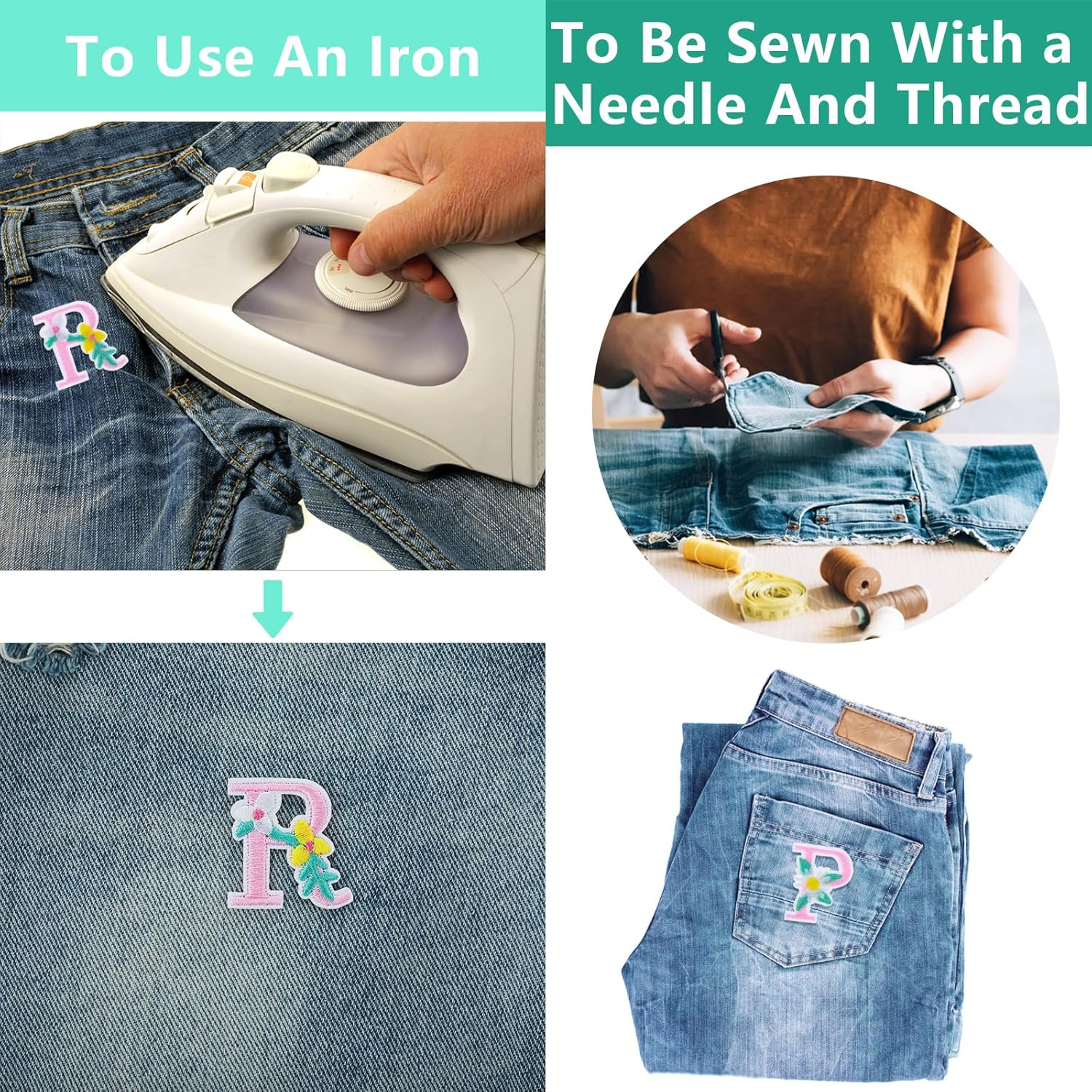 Yolev Iron on Letter Patches, 2 Sets (52 Pieces) A-Z Flower Embroidery Alphabet Patches Glitter Alphabet Patches Sew Embroidered Patches, Alphabet Patches for Clothing image number 3