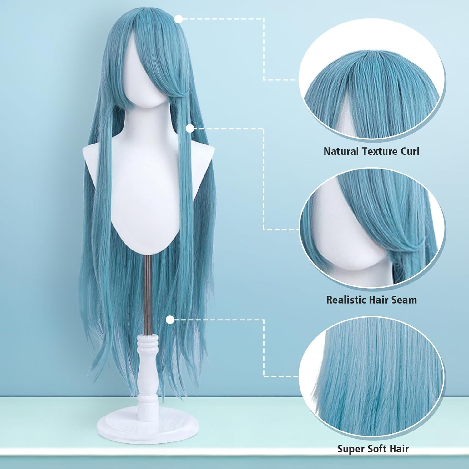 100 Cm Long Wig, Universal Anime Costume Cosplay Wig, Perfect for Party, Daily Use, Festivals and Halloween, Ideal for TV, Film, Anime Character Cosplay (Teal) image number 5