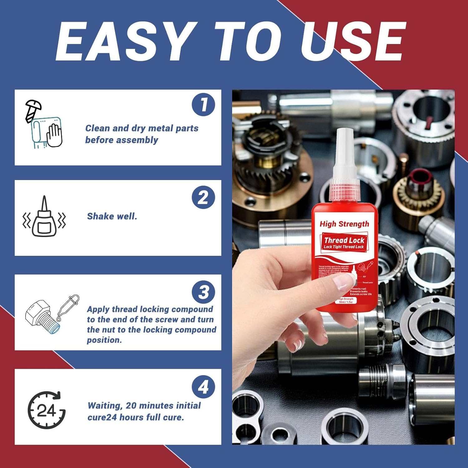 1DFAUL Thread Lock, 50Ml X2 Locktight Threadlock Medium and High Strength Lock, Threadlocker Lock & Seal Nuts, Bolts, Stable and Anti-Rust image number 2