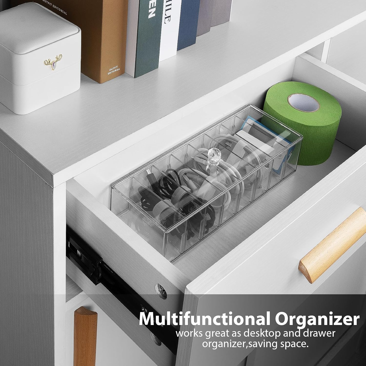 Cable Organizer Box with 10 Wire Ties, Clear Charger Cord Storage Organizer Case, Desktop Drawer Accessories Power Wire Storage with 8 Compartments, Office, Home, Stationery Storage Supplies image number 3