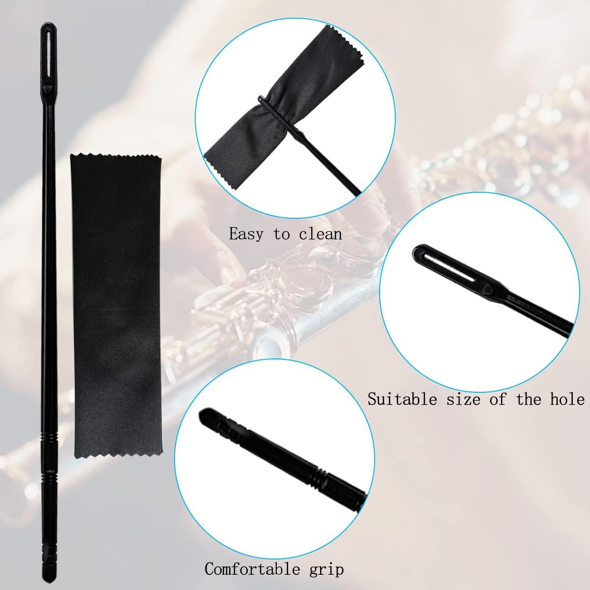 Flute Cleaning Rod with 3Pcs Flute Cleaning Cloth, Flute Cleaning Kit, Flute Cleaning Rod and Flute Cleaning Cloth, Cleaning Swabs Flute Cleaning Cloth, Flute Cleaning Cloth (Black) - Rod With 3Pcs Flute Cleaning Cloth image number 4