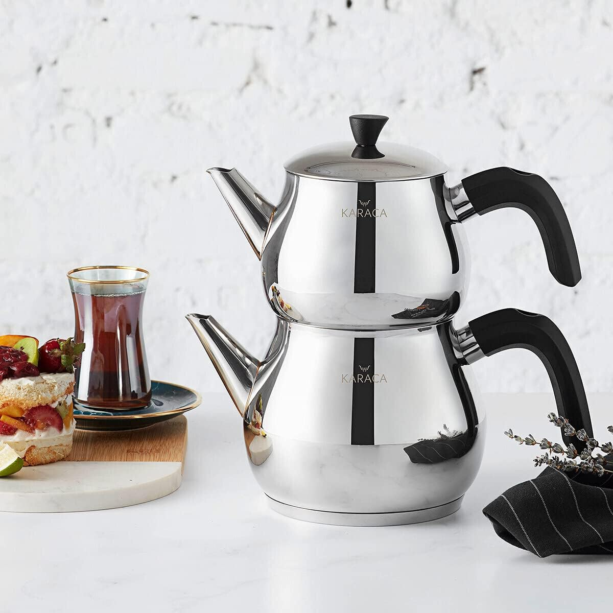 Karaca Kayra Black Turkish Teapot Set, Suitable for Induction, 1 Litre Teapot & 1.75 L Stainless Steel Teapot, Dishwasher Safe, Turkish Teapot, Tea Maker, Caydanlik, Demlik image number 3