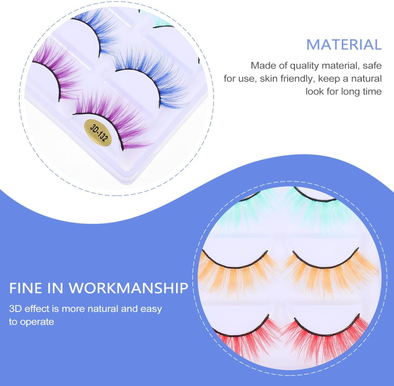 3D False Eyelashes - Assorted Color Fiber Makeup Lashes for Halloween Cosplay and Daily Wear Thick Volume Comfortable Fit