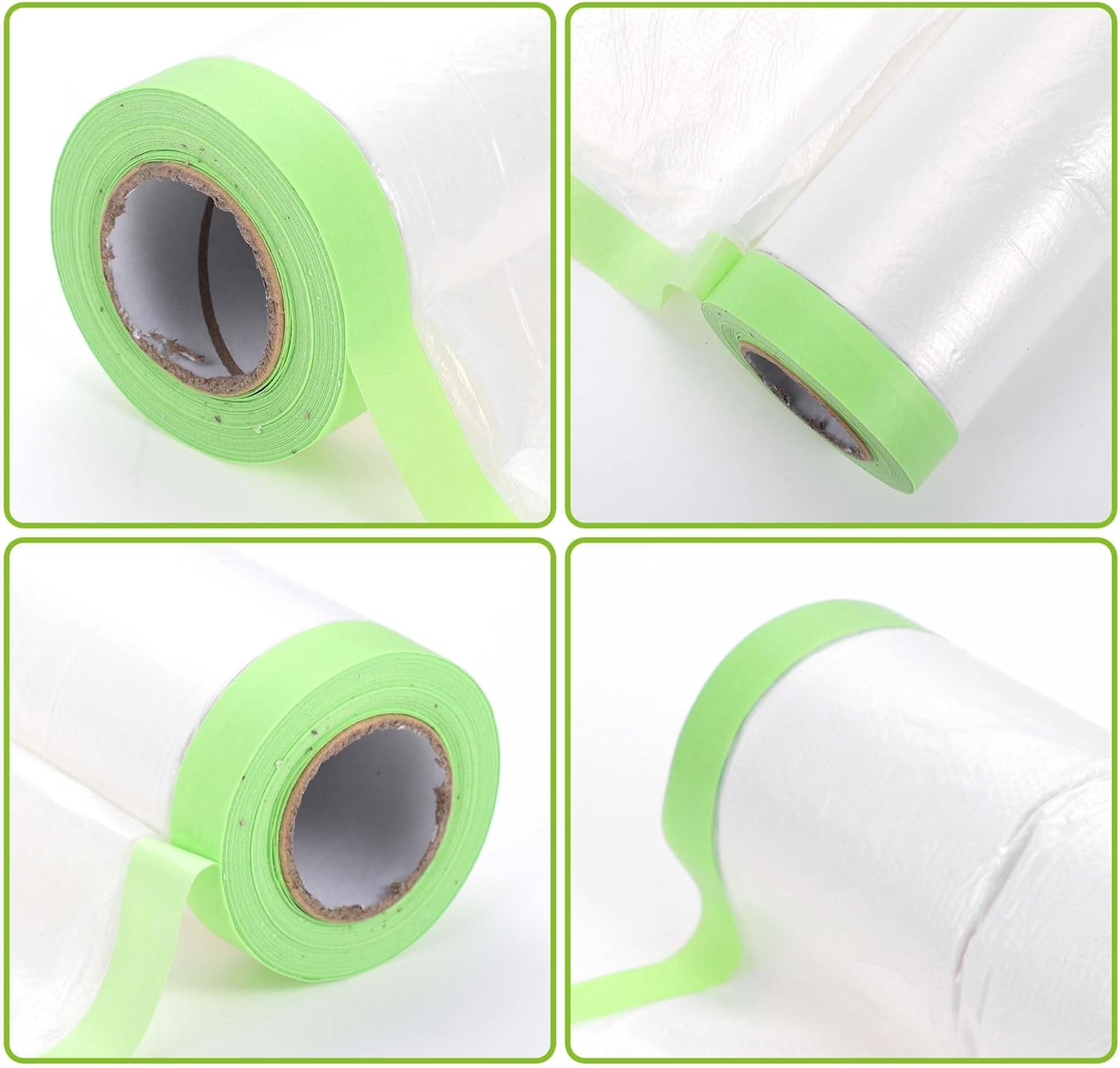 X AUTOHAUX Pre-Taped Masking Film Plastic Cover PE Film Natural Fiber Material 1 Pc 2500X110Cm / 82.02Ftx43.31" White Green image number 3