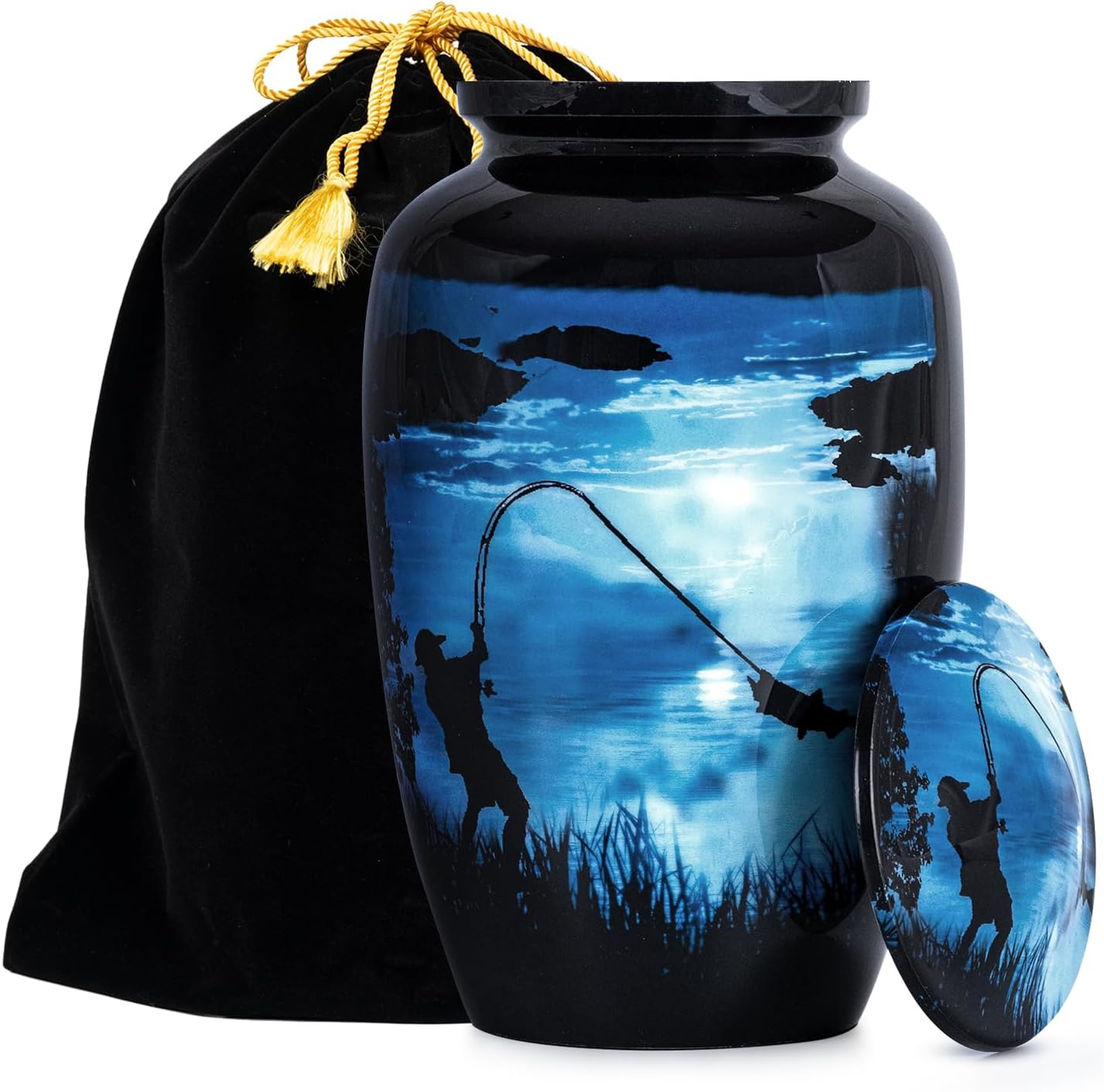 STONLIF Large Gone Fishing Urns for Ashes Adult Male & Female - 200 Lbs Decorative Urn, Burial Urns for Dad, Men - Funeral Urn with Velvet Bag and Felted Bottom - Blue Urn for Ashes Adult Male