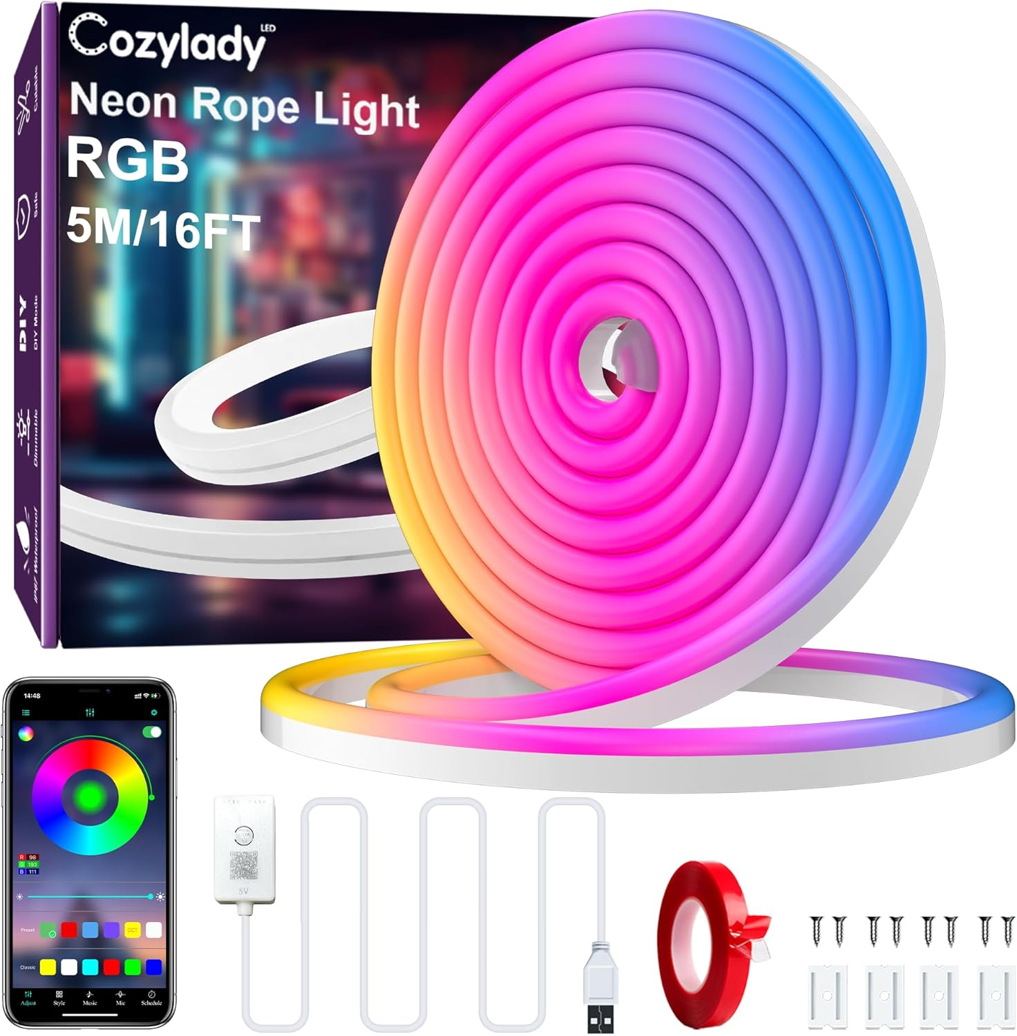 Cozylady USB Neon Rope Lights 5M,Waterproof 16.5Ft RGB LED Neon Light，Bluetooth App Control,Music Sync,Timer, Flexible DIY Color Changing Neon Strip Light for Bedroom Mirror Wall Party Outdoor Decor image number 1