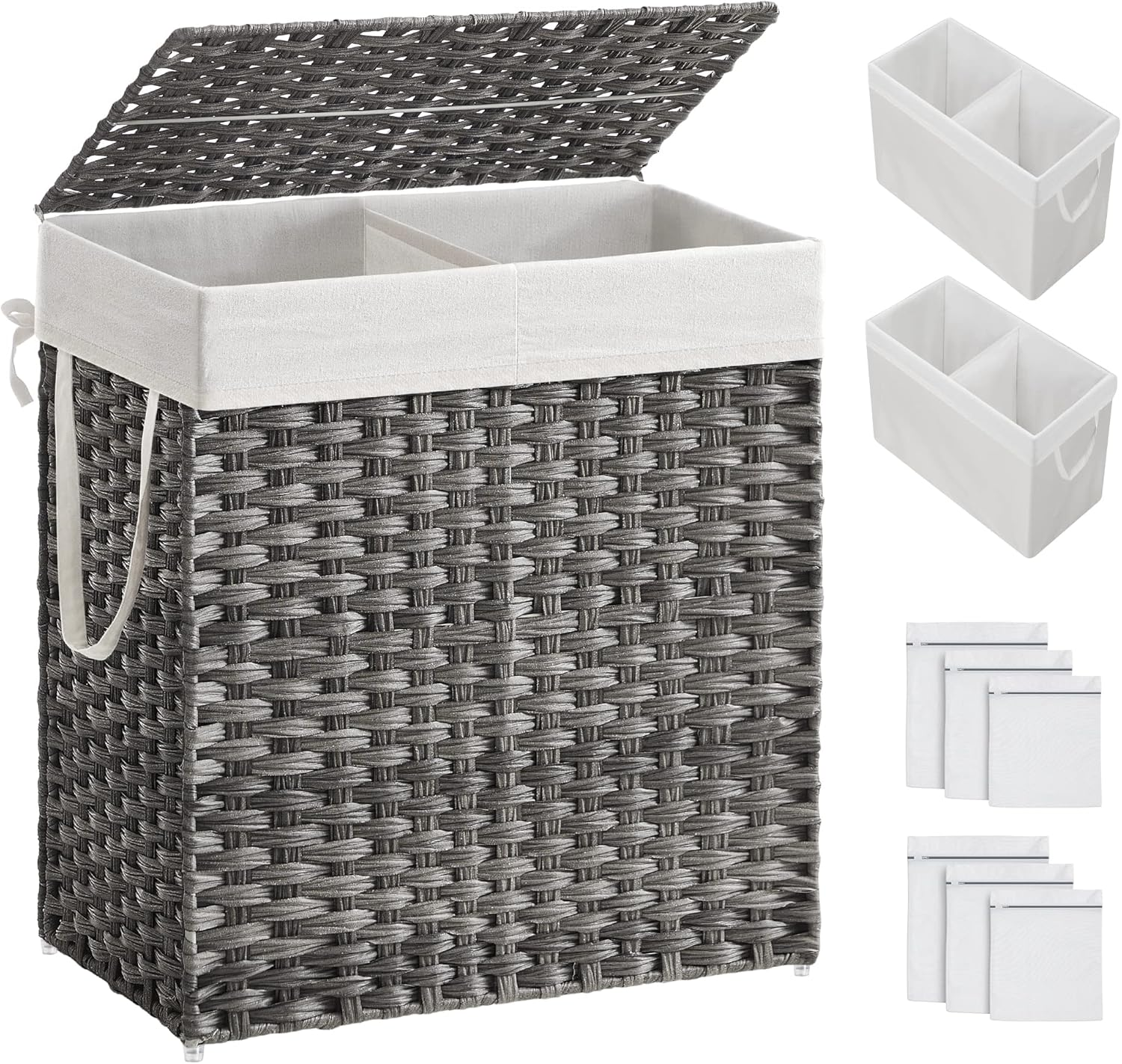 SONGMICS Laundry Hamper, 29 Gal (110L) Divided Laundry Basket with Removable Liner Bag, Synthetic Rattan Handwoven, with Lid and Handles, Foldable, 22.4 X 13 X 23.6 Inches, Gray ULCB52WG
