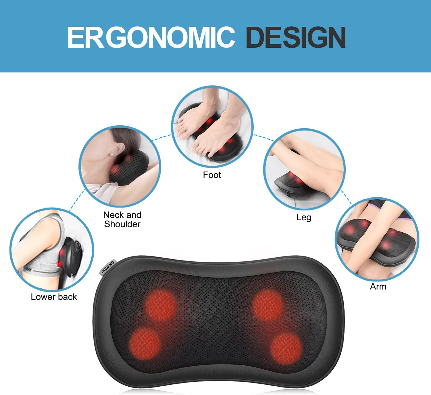 RENPHO Neck Back Massager with Heat, Ultra Slim Shiatsu Lower Back Neck Massage Pillow, 3-Speeds with Net Cover Electric Shoulder Massage Pain Relief image number 4