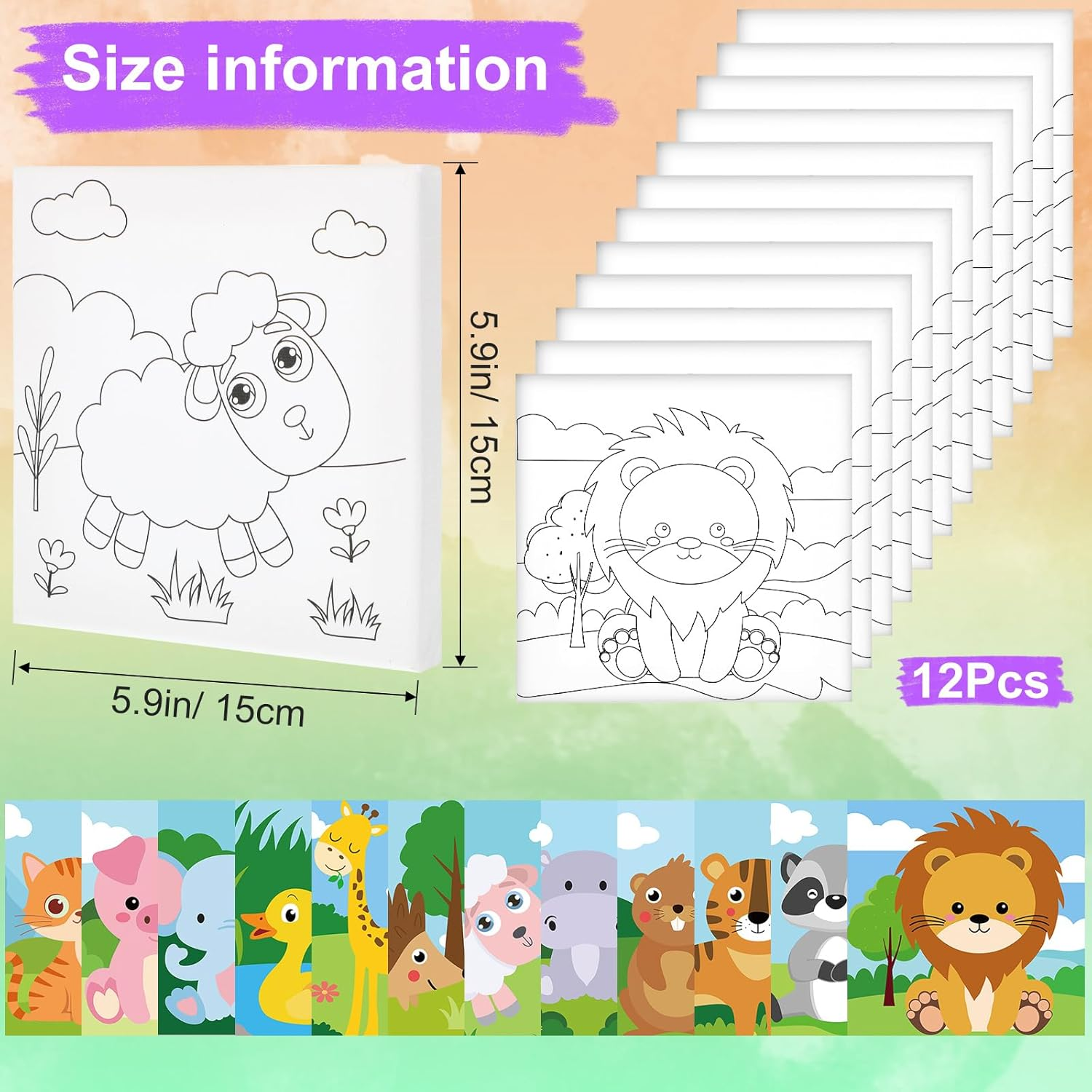 Teling 12 Pcs Pre Drawn Stretched Canvas Kit for Adults Painting Pre Printed Canvas Outline for DIY Painting Party Favor,6 X 6 X 0.6 Inches(Animal) image number 4