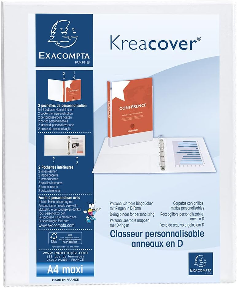 Exacompta Kreacover 53945E Presentation Folder Plastic Cover Outer and inside 8 Cm Wide DIN A4 with 2 Pockets Ideal for Offer and Company Presentation White