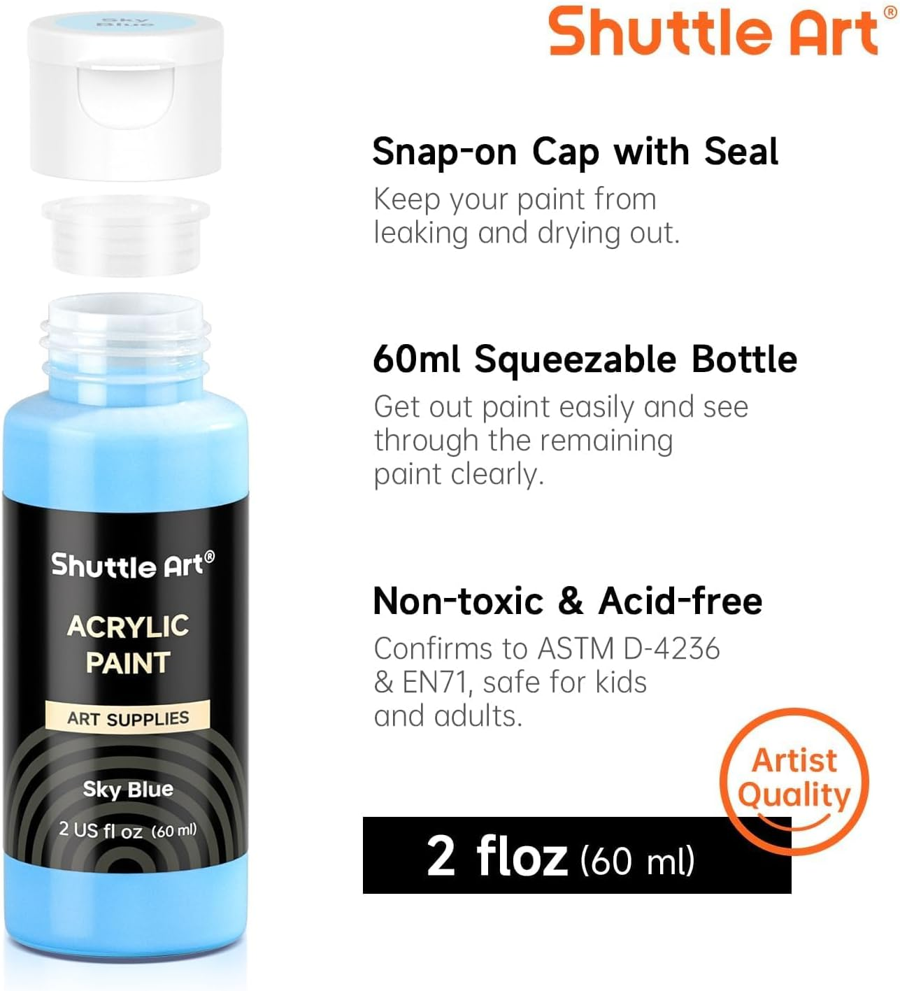 Shuttle Art 80 Pack Acrylic Paints Set, 78 Colours Acrylic Paint (2Oz,60Ml) with Extra White Black Piants & 12 Brushes, Rich Pigmented, Water Proof for Artists, Beginners on Canvas Rock Wood Ceramic - 60 Colours image number 3