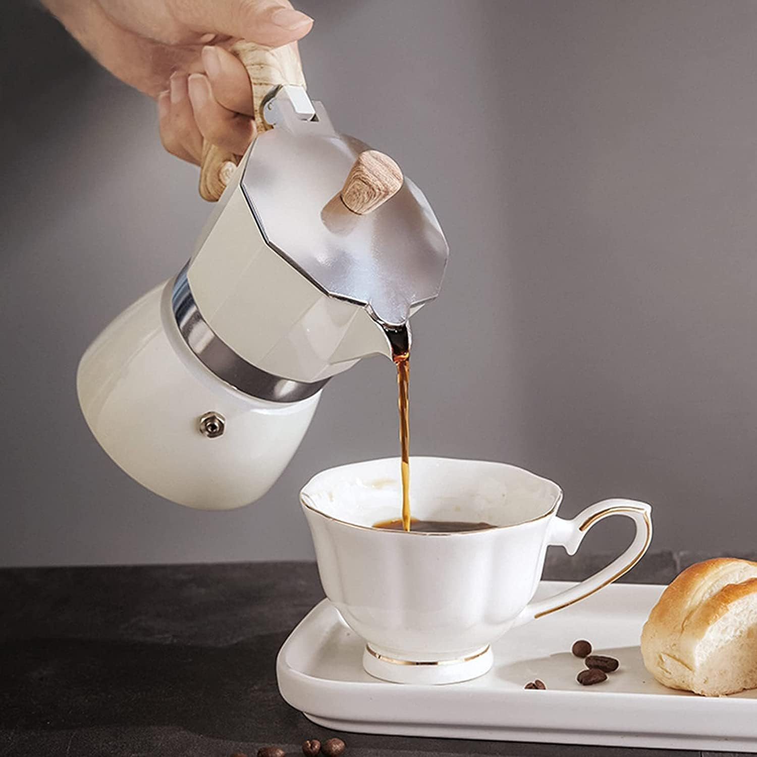 Bolero 3-Cup Moka Pot Stovetop Espresso Maker - Italian Aluminium Caffettiera Coffee Maker, Portable & Easy to Use (White-5 Oz, Small) image number 7