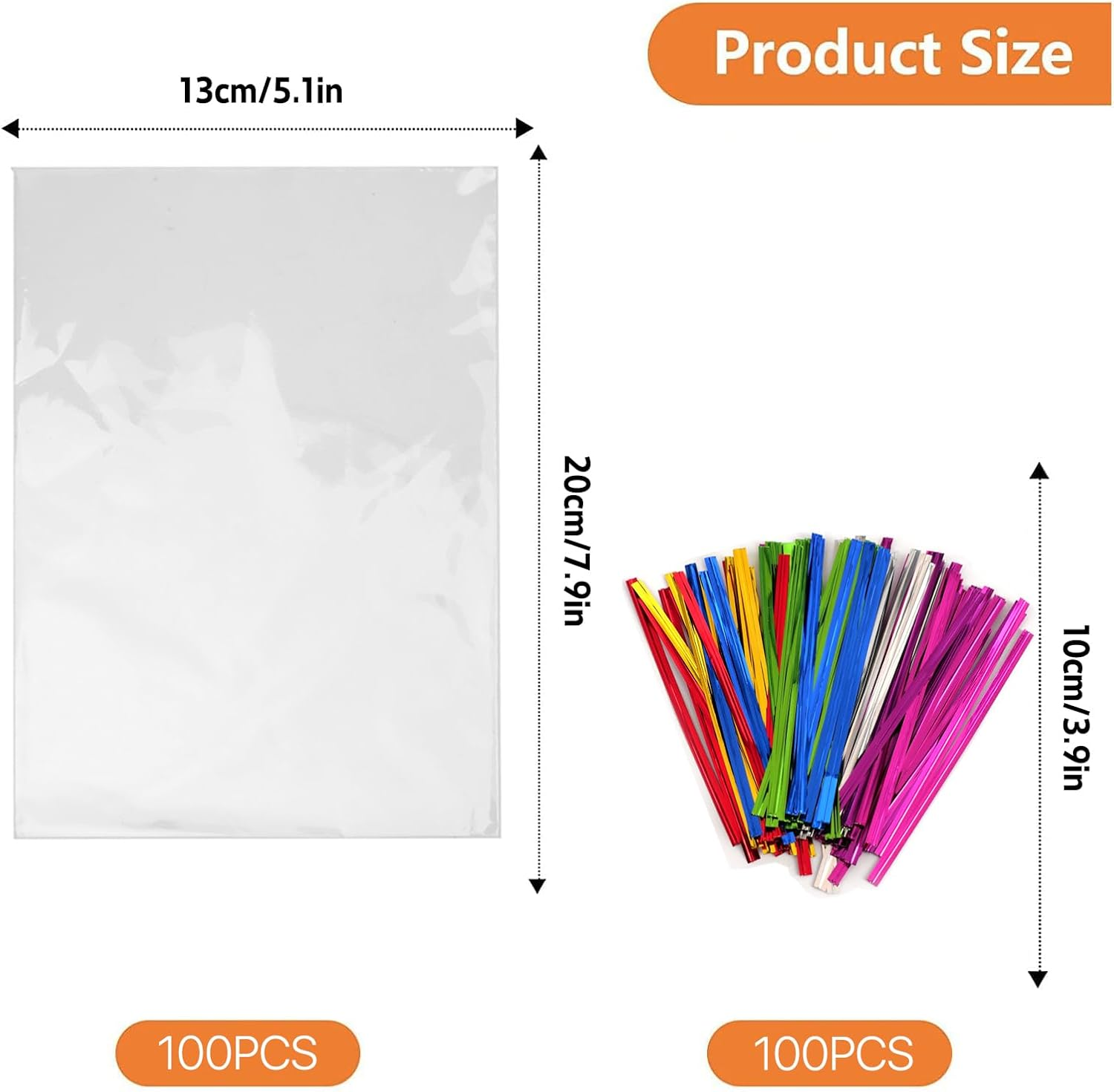 VANANA 100 PCS Cellophane Bags with Colorful Twist Ties, Clear Cookies Bags Gift Goodie Treat Biscuit Bakery Candy Chocolate Gift Food Soap Party Favor Supplies (13X20Cm/5.1X7.9In) image number 4