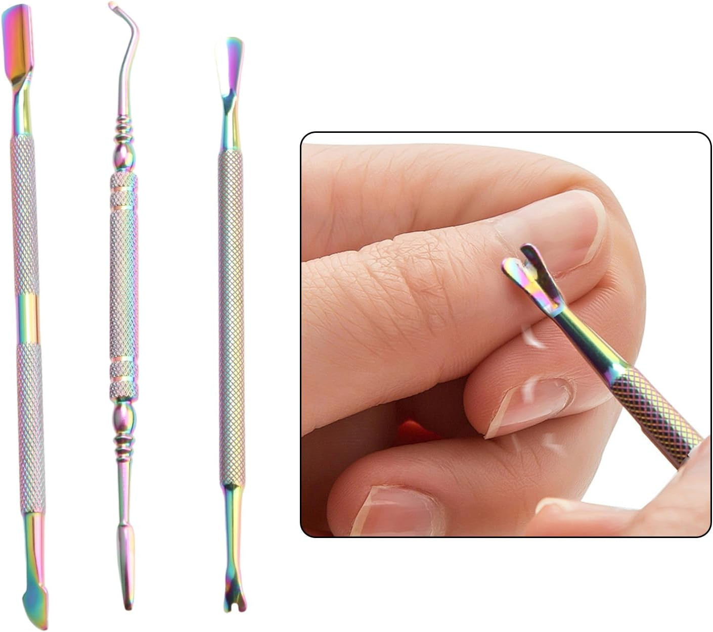 3 Pcs Cuticle Pusher, Cuticle Remover Cuticle Trimmer, Cuticle Tool Set, Double-Headed Stainless Steel Nail Pusher, Manicures & Pedicures - Nail Removal Tool (Rainbow)