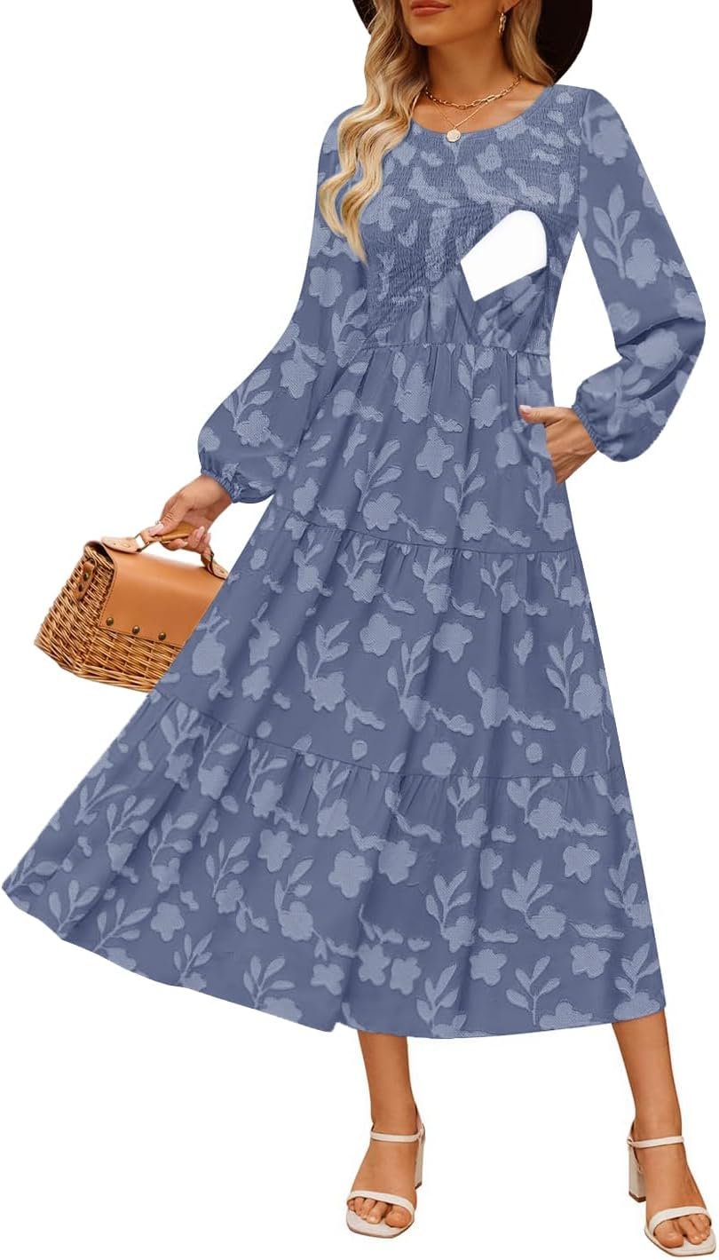 Women'S Nursing Dresses Fall Boho Floral Maxi Dress Breastfeeding Long Sleeve Crewneck Wedding Guest with Pockets