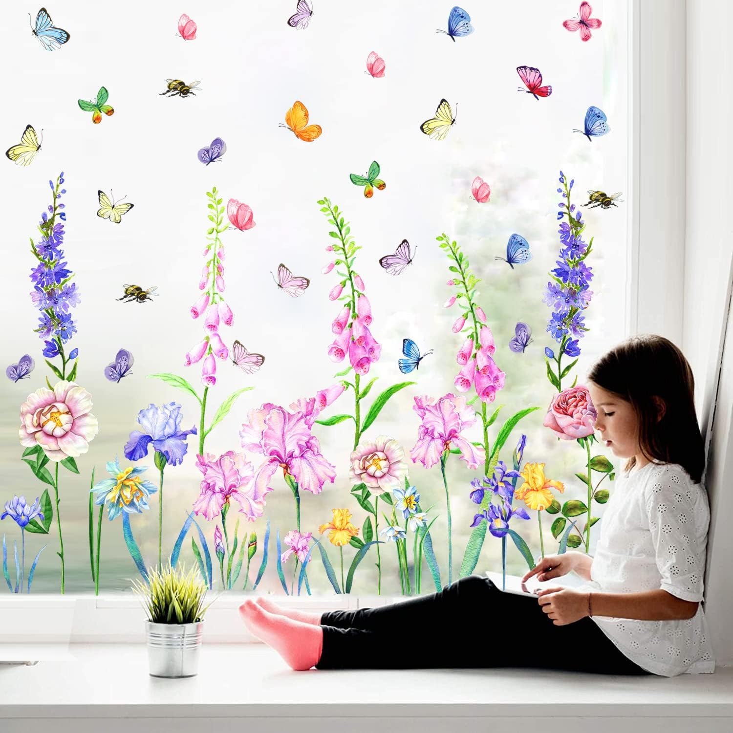 KOKOLAP Garden Flowers Window Clings,Flower Wall Stickers,Iris Florals Window Decals Peel and Stick,Green Leaves Wall Vinyl Decal,Butterfly Bouquet Wall Art Decor for Girls Bedroom Kitchen Living Room