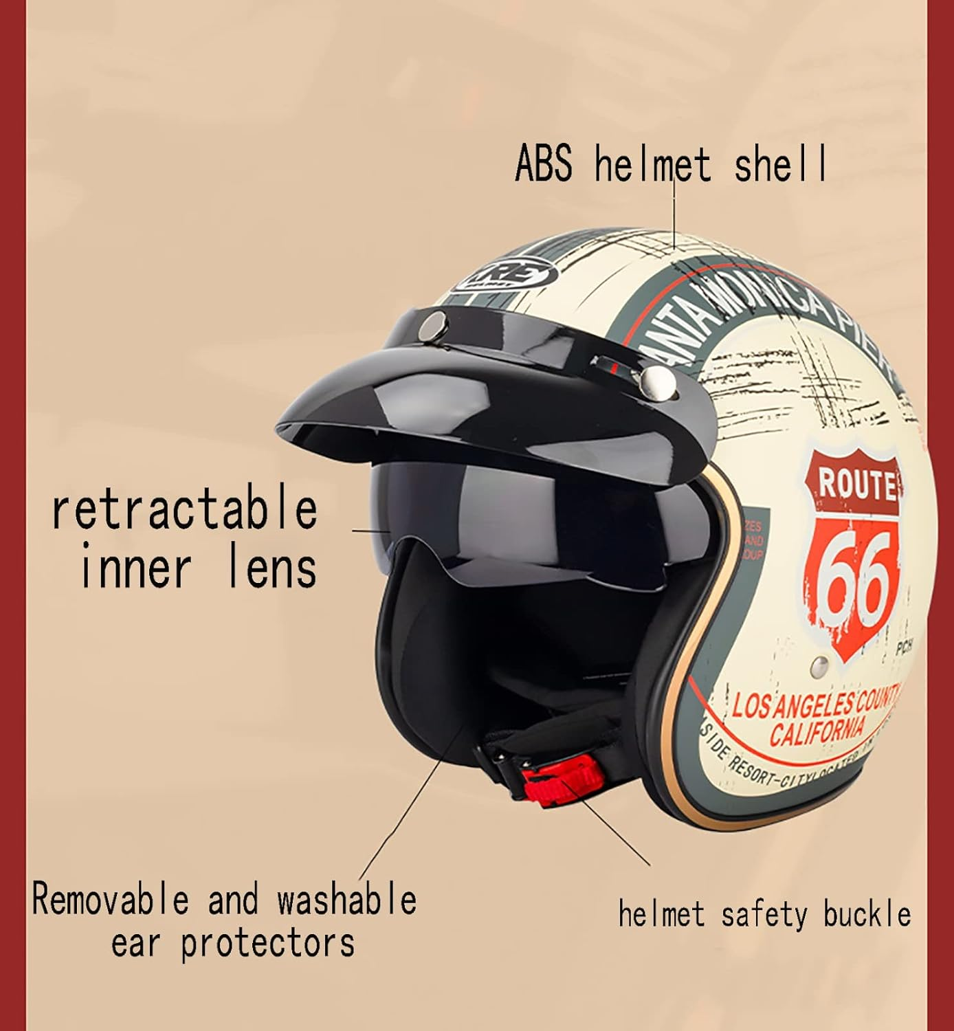 Retro Half Helmet Motorcycle Open Face Helmets 3/4 Half Helmet Men and Women Adults ECE Certification Vintage Biker Cruiser Scooter Touring Helmet with Goggles E,2XL=63-64CM image number 6