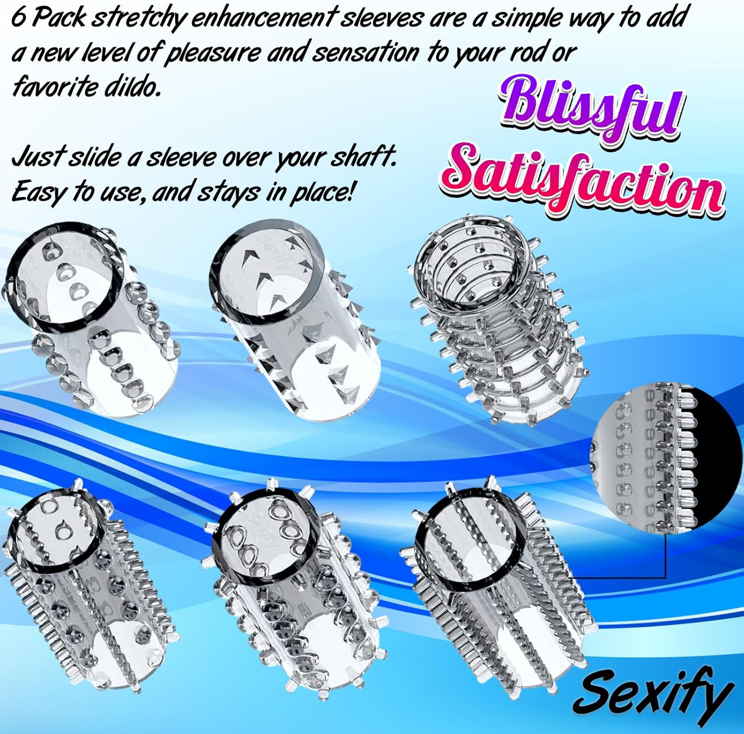 Small Penis Rings, Penis Sleeve Set, Cock Rings with 6 Pack Set Stretchy Textured Studded Stretchy, Erection Enhancing Enhance Men, Delay Tickler Dildo Extension Adult Sex Toys for Men Couple Sex Toy image number 4