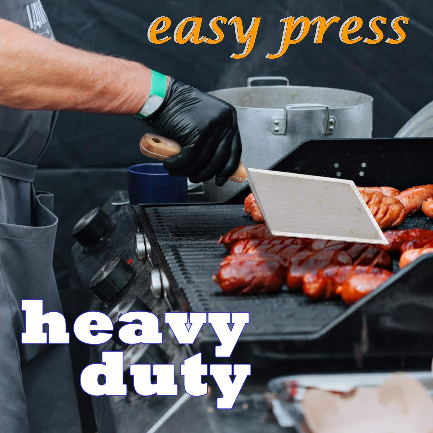 Leonyo Metal Spatula Set of 2, Stainless Steel Griddle Hamburger Spatula, as Barbecue Turner Grilling BBQ Griddle Accessories, Triple Rivets & 2 X S Hook, Heavy Duty & Easy Press, Smash Burgers - Black Triple Rivets Abs Handle image number 5