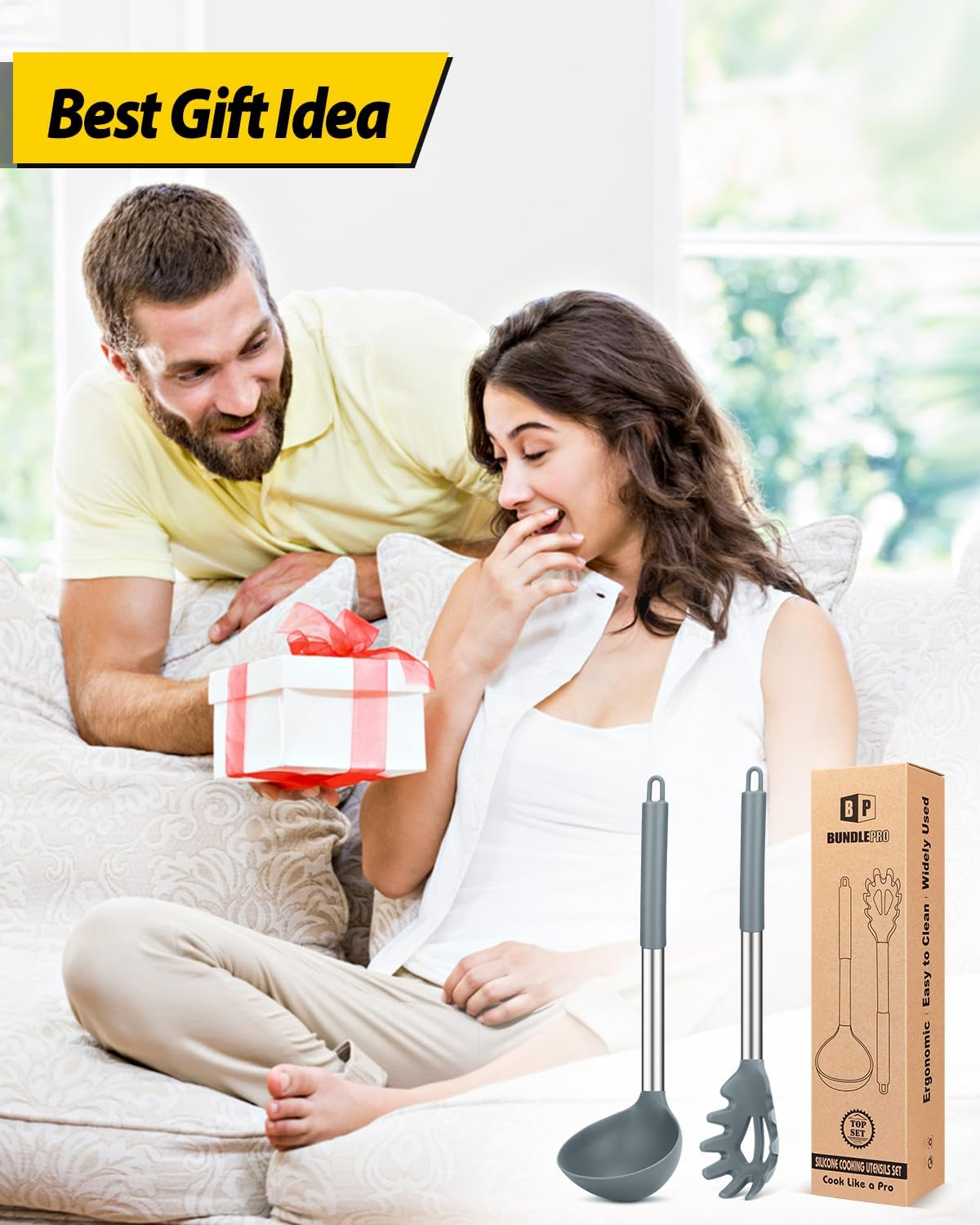 Silicone Pasta Fork and Ladle Spoon Set, Large Non Stick Kitchen Utensils for Cooking,Stirring,Serving Spaghetti, Soup, Sauce (GRAY) image number 4