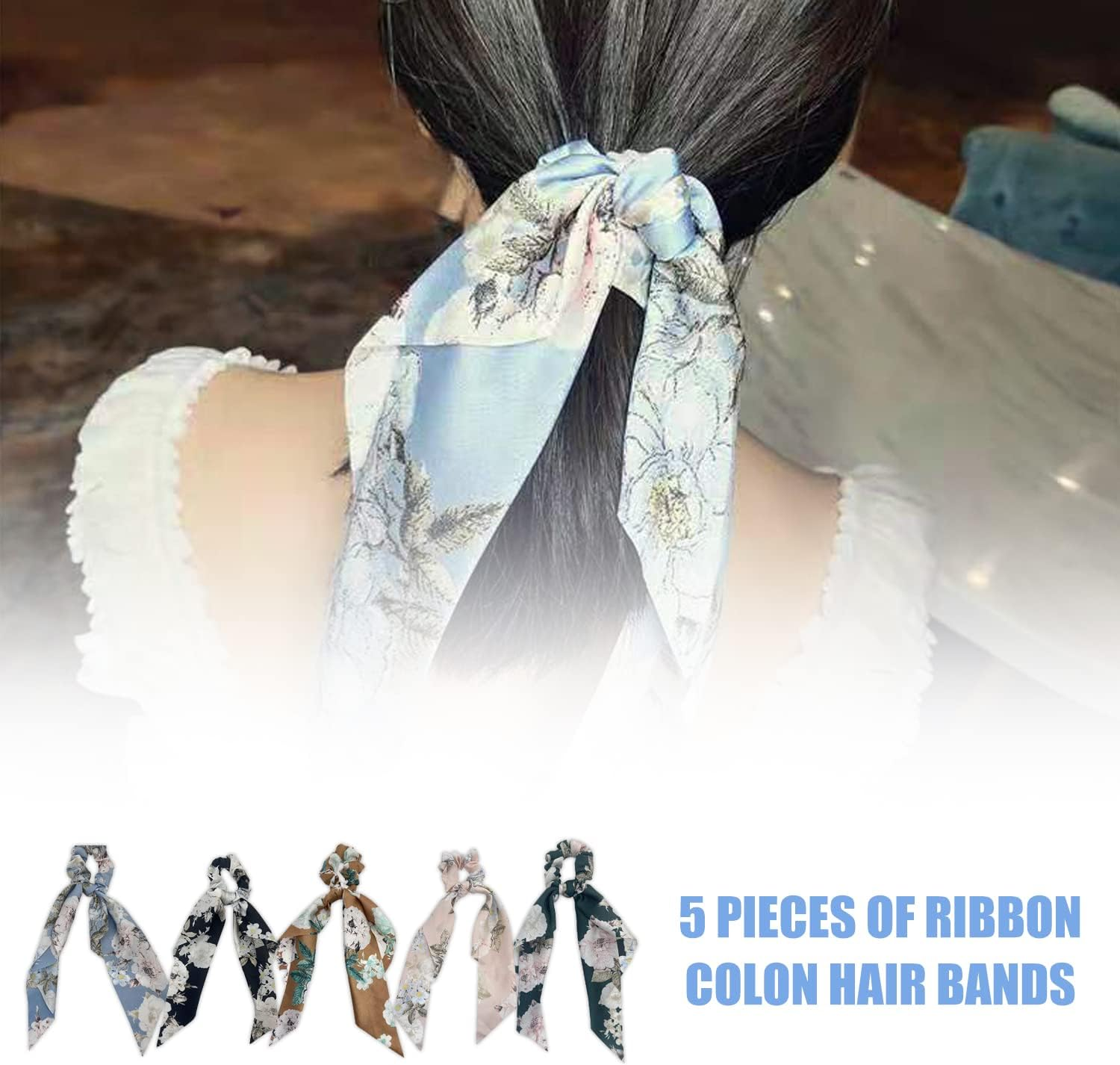 5Pcs Hair Scarf Headbands, 4Pcs Floral Chiffon Fat Sausage Hairbands, Elastic Flower Headbands, Ponytail Hair Accessories, Fashion Women'S Hair Accessories for Women Girls image number 2