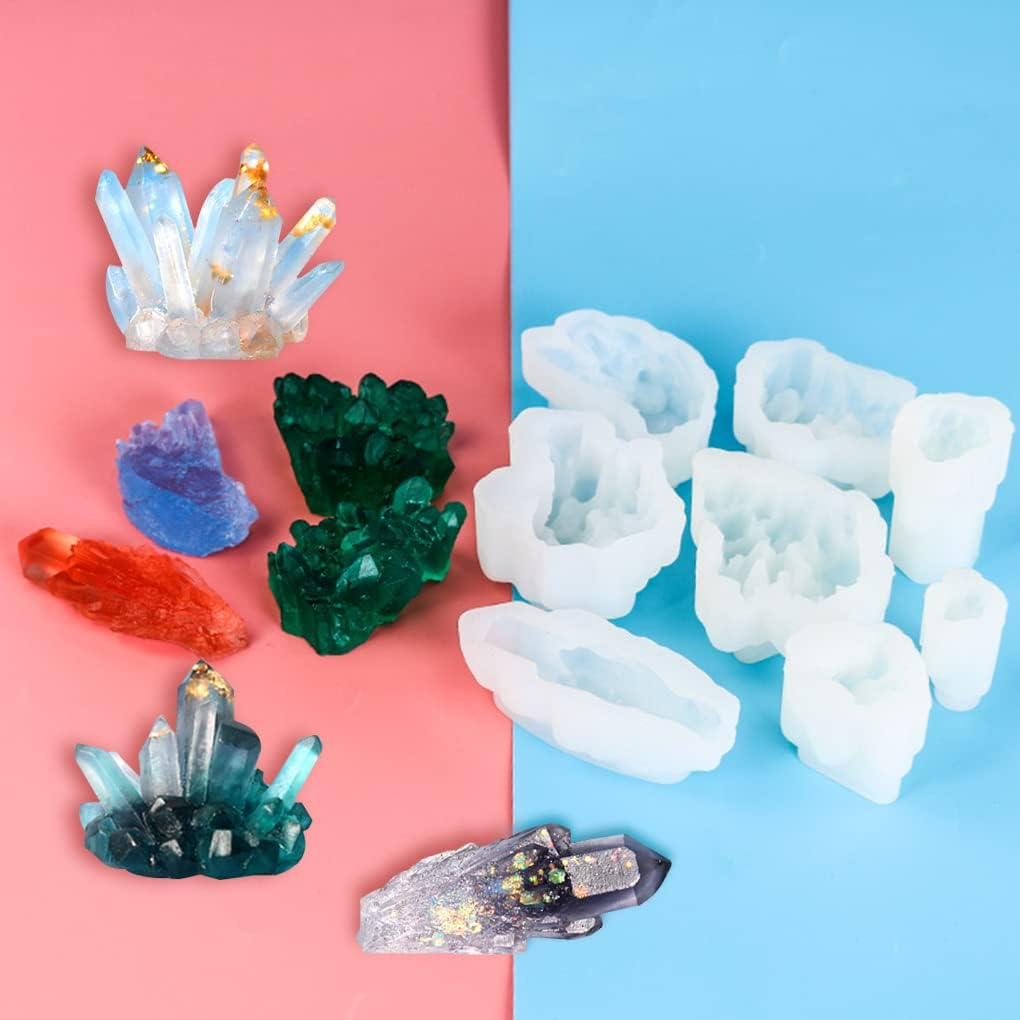 Fineinno 11 PCS Crystal Cluster Molds Set Quartz Rock Silicone Resin Mould Crystal Column Icicle Iceberg Epoxy Resin Molds with Different Shapes for Making Epoxy Druzy Stone, Rocks, Gems - Transparent,White image number 5