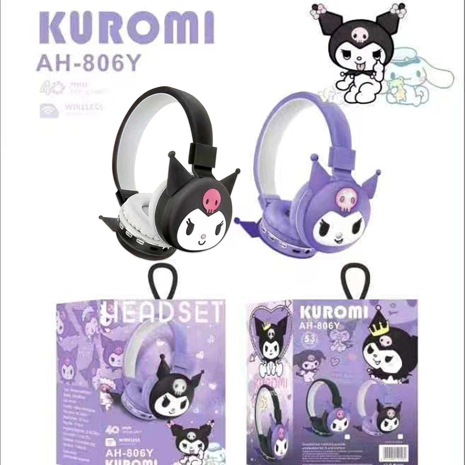 Roffatide Cartoon Kuromi Foldable Lightweight Bluetooth Headphones for Travel/Office/Cellphone/Pc via App Deep Bass Comfort Fit Ear Cups, for Home Office Travel Black image number 1