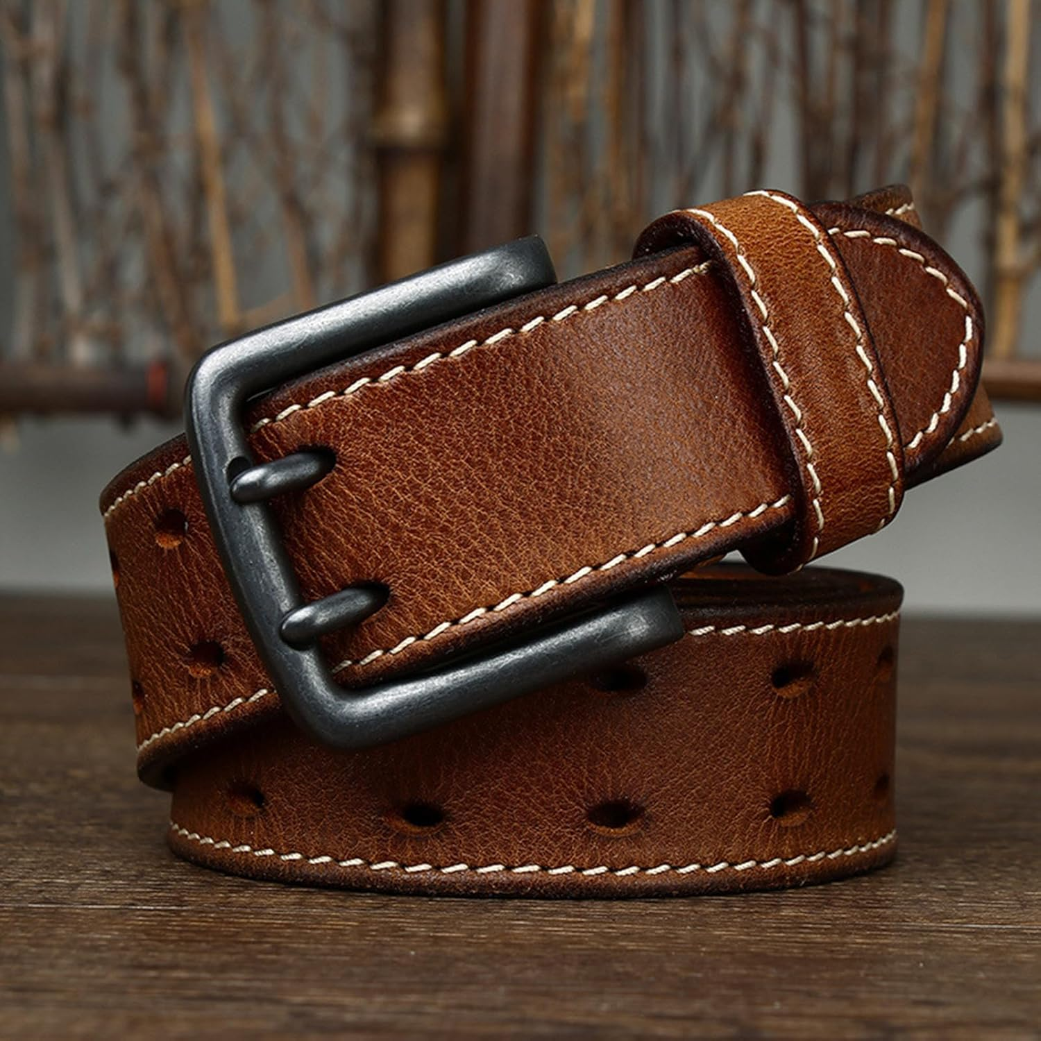 Double Prong Buckle Full Grain Real Cow Leather Belt - Stitched, Work/Casual Grommet Holes, 38Mm for Men Women image number 5