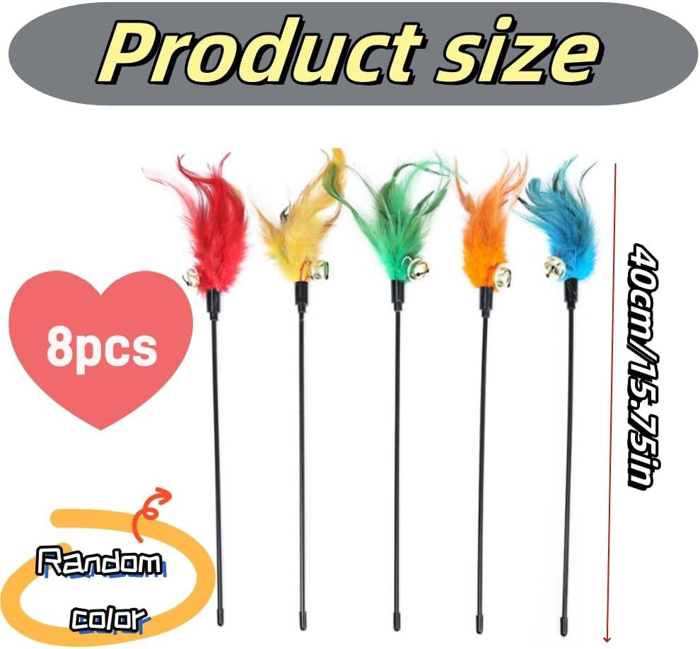DACUAN 8 PCS Cat Wand Toys Interactive Cat Teaser Wand Feather Cat Toys with Feathers with Stick Cat Feather Toy Teaser Wand with Loud Bell 16 Inch 4 Colors image number 4