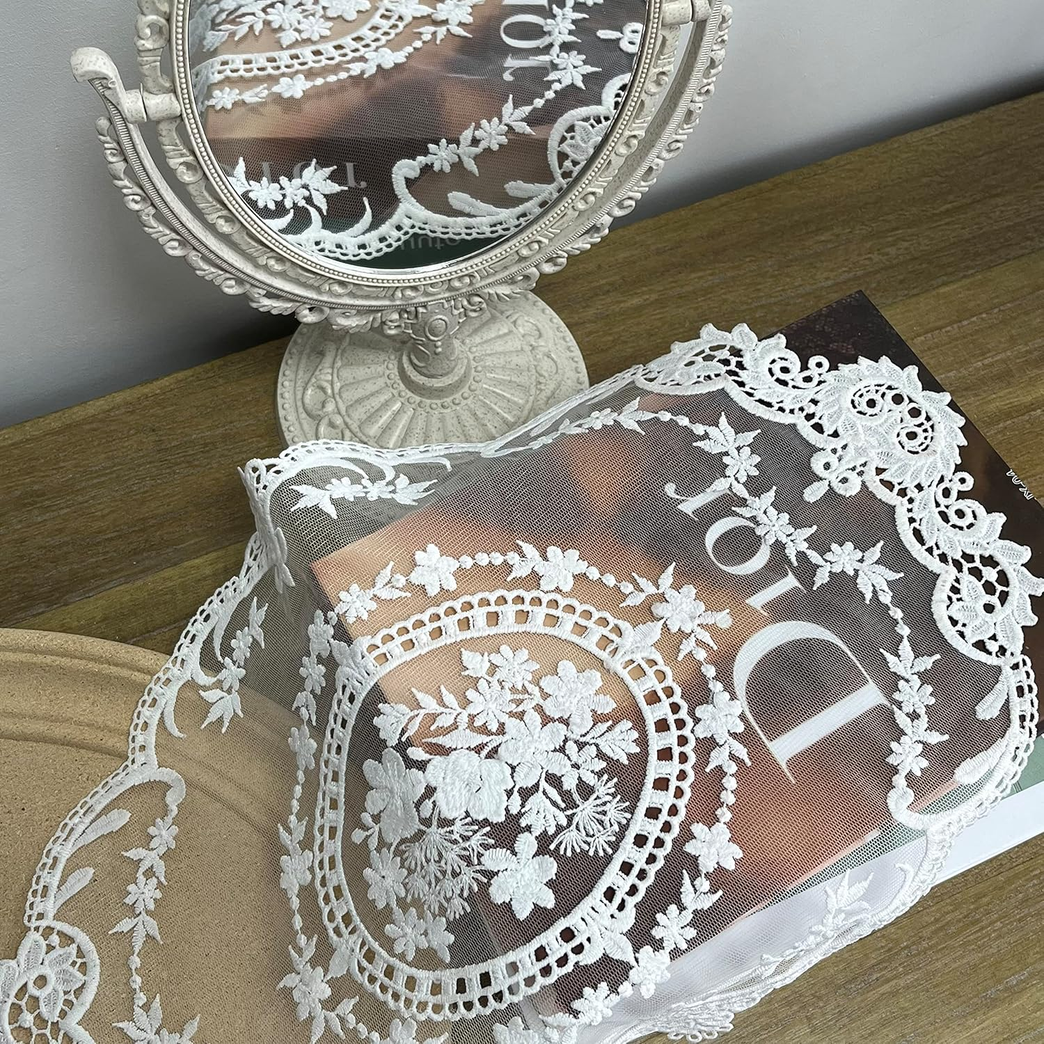 2PACK Retro French Style Lace Placemats Fashionable Embroidered Cup Mat Vase Mat 16.5&rdquo;X11.6&rdquo;,White image number 5