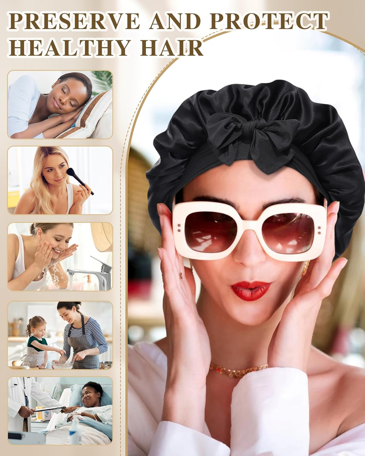 Silk Bonnet for Sleeping 100% Mulberry Women Double Layer Silk Sleep Cap with Adjustable Elastic Band Silk Hair Wrap - Champagne+Off-White image number 6