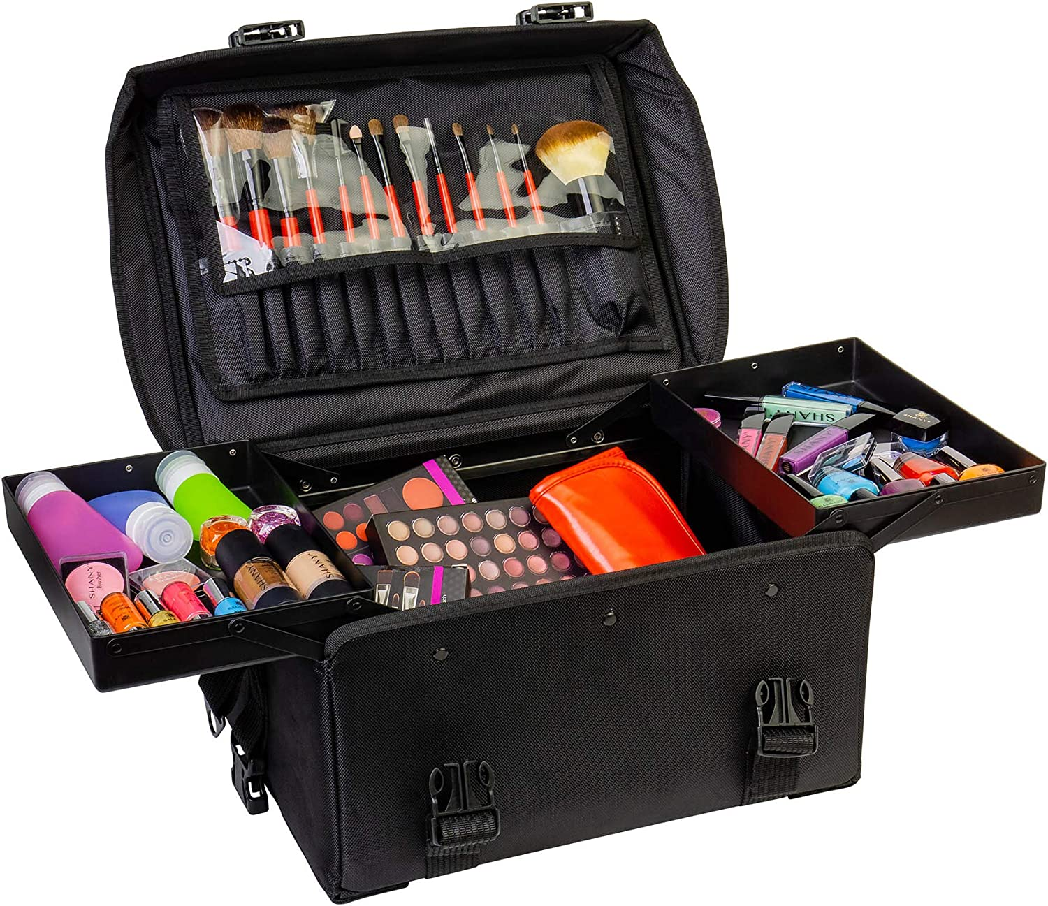 SHANY Cosmetics 2 Compartment Soft Black Rolling Trolley Makeup Case with Free 3 Piece Organizer Mesh Bags, 28 Inch image number 2