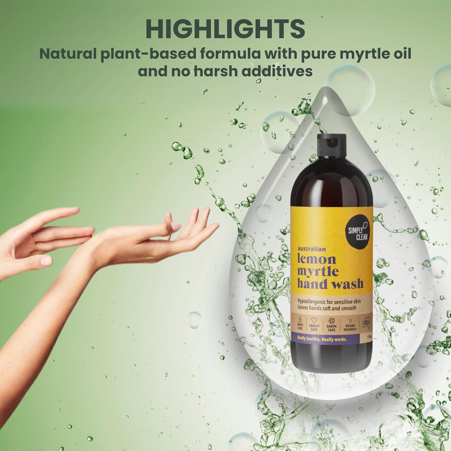 Simplyclean Lemon Myrtle Hand Wash &ndash; Natural Hand Cleanser with Pure Australian Lemon Myrtle Essential Oil &ndash; Creamy Ph 5.5 Formula &ndash; SLS and SLES Free &ndash; Gentle on Skin &ndash; 1 Litre image number 5