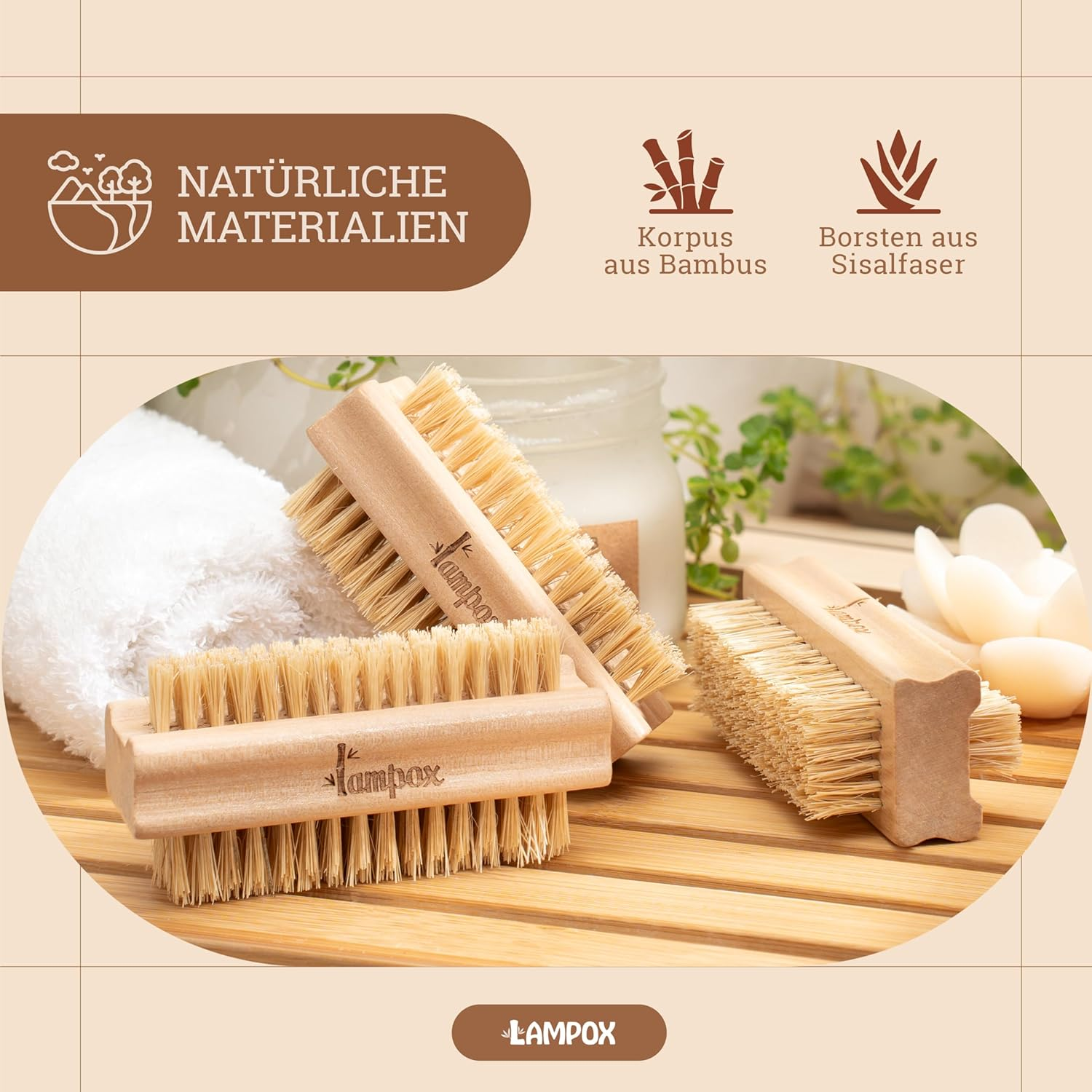 Lampox&reg; Wooden Nail Brush with Durable, Hard and Soft Bristles - Plastic-Free and Sustainable. Ideal as a Brush for Kids, Vegetable Brush, Root Brush, Finger Brush or Hand Wash Brush (3X) image number 4