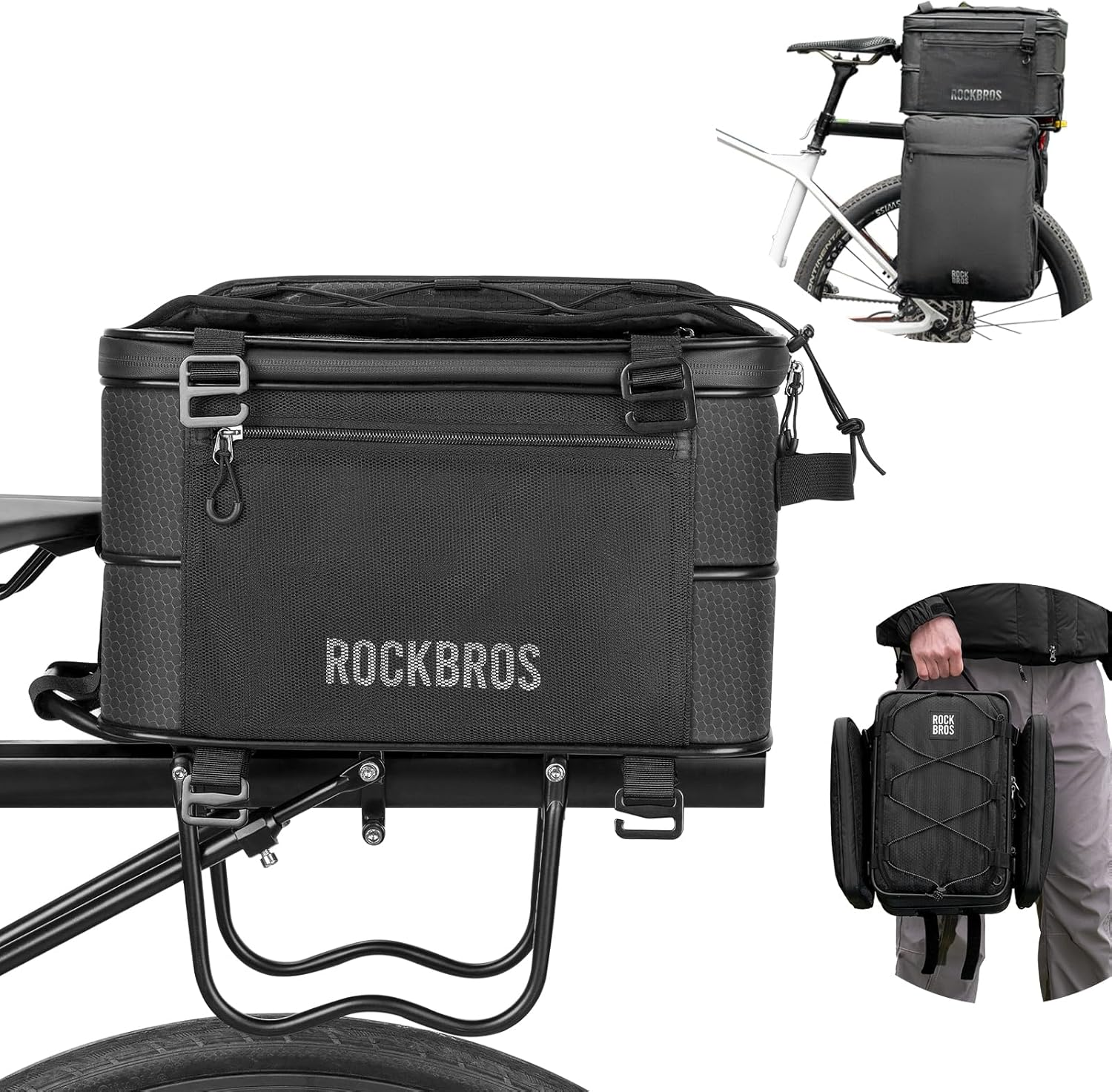 ROCKBROS Rear Bike Rack Bag 15-30L Bike Pannier Bag with Removable Side Bag Saddle Bag Rear Rack for Commute Shopping and Cycling (Black) image number 4