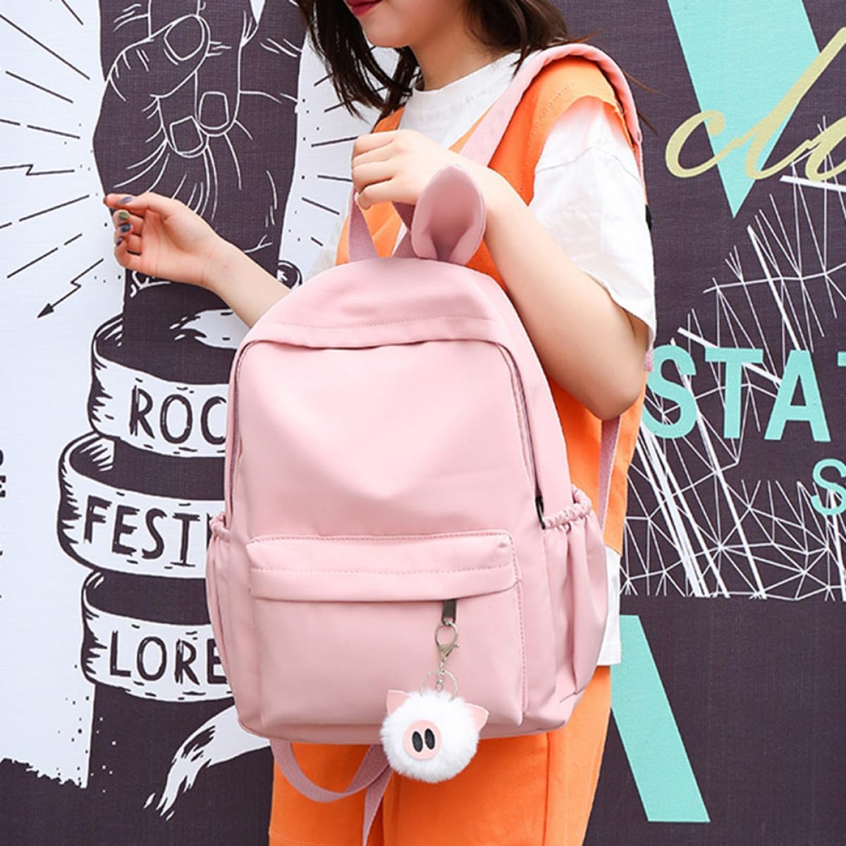 GALPADA Pink Rabbit Ear Backpack for Cute Casual Satchel with Hairball Accent Lightweight School Bookbag Travel Storage Bag image number 2