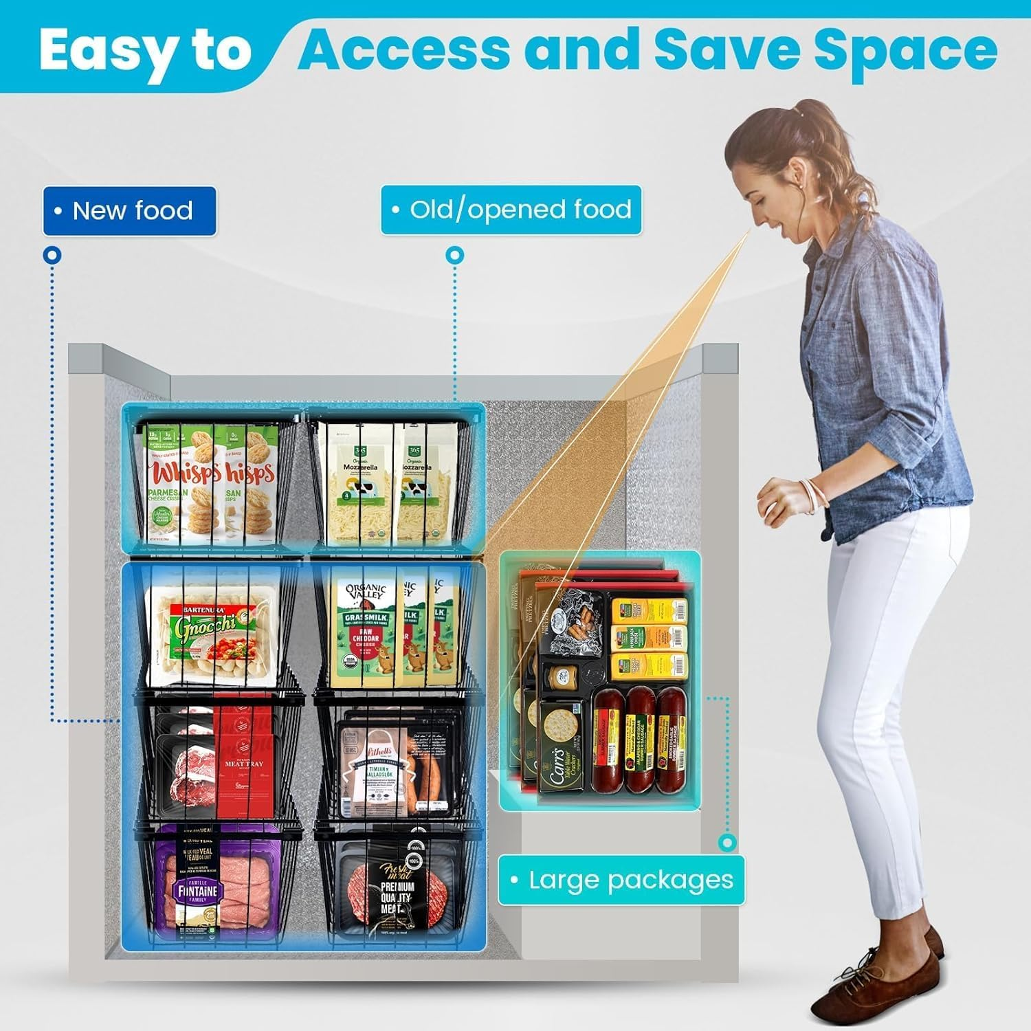 Chest Freezer Organizer,4 Pack Freezer Baskets for Chest Freezer,Stackable Metal Deep Freezer Basket,For Upright Freezers Sort Frozen Meats & Food with Better Space Utilization image number 4