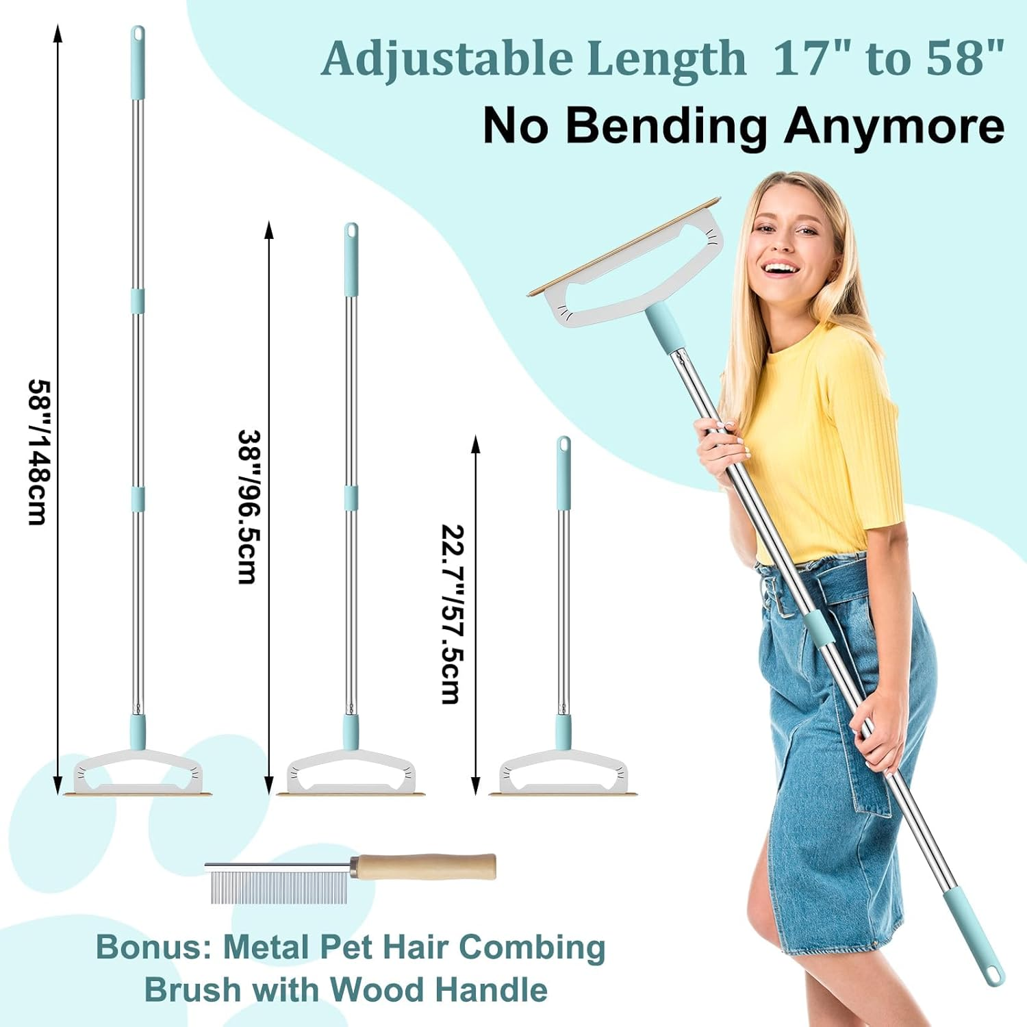 Large Metal Carpet Rake Pet Hair Removal Tool &ndash; 58&rdquo; Handle Thicker Poles 12&rdquo; Wide Dog Cat Hair Remover&ndash; 4 Length Adjustable Pro Pet Fur Removal Broom, Stairs Rug Carpet Brush image number 2