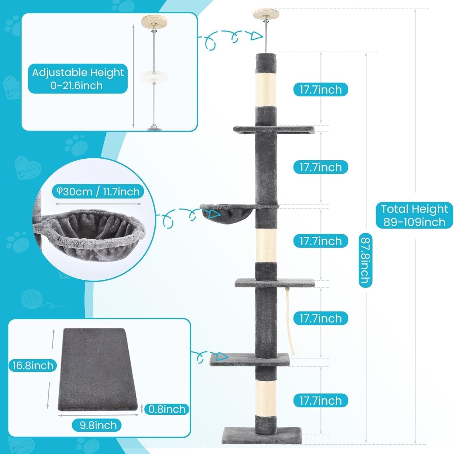 Cat Tree Floor to Ceiling, 5-Tier Cat Tower with Cozy Hammock, 220-274Cm Adjustable Height, Sisal Cat Scratching Post Provide Cats Vertical Enrichment to Jump and Climb (Dark Grey)