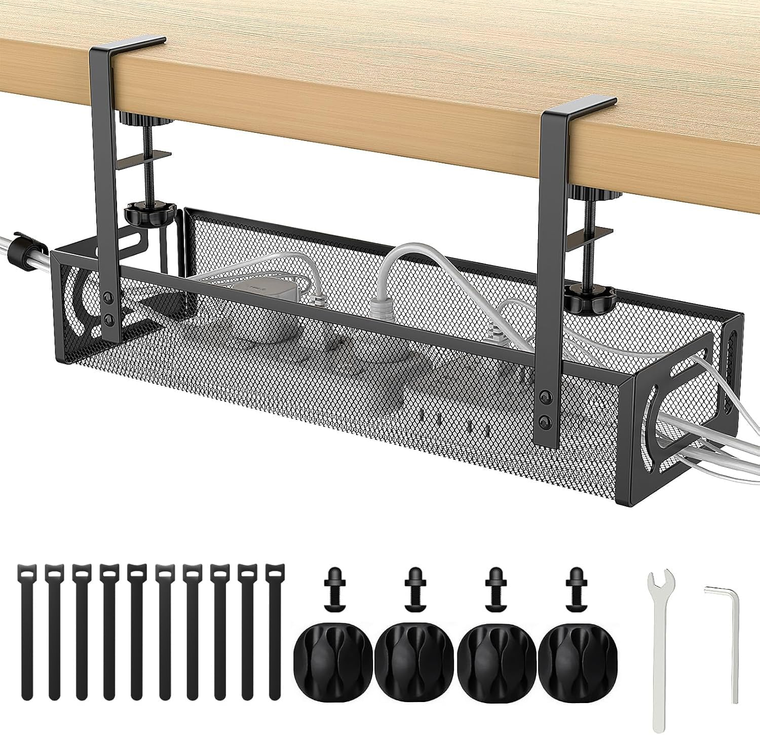 Under Desk Cable Management Tray No Drill, Metal Mesh Cable Organiser with Clamp for Desk Wire Management, Desk Cable Management Box and Cord Organizer for Office, Home (White)