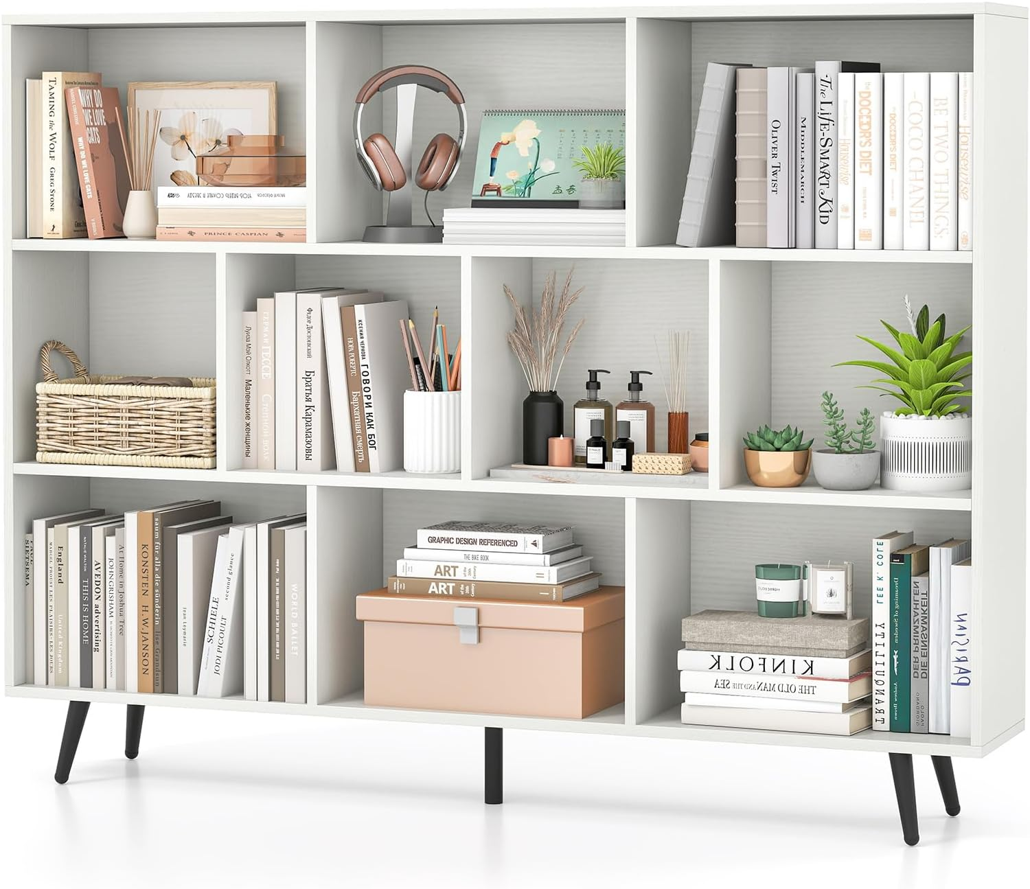 Giantex 10-Cube Bookcase, 140 Cm Mid Century Modern Storage Organizer with 4 Tapered Metal Legs, Freestanding Display Rack Bookshelf with 2 Anti-Tip Kit for Living Room, Study Room, Bedroom, White