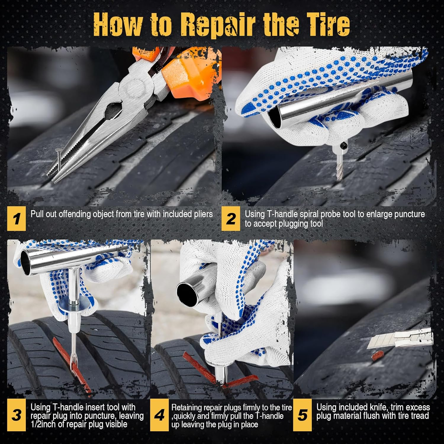 Krimocy 147 Pcs Tyre Repair Kit Heavy Duty Tire Plug Kit for Car, Universal Tire Patch Kit to Fix Punctures and Plug Flats, Tire Repair Plugs for Truck, RV, ATV, Tractor, Trailer image number 5