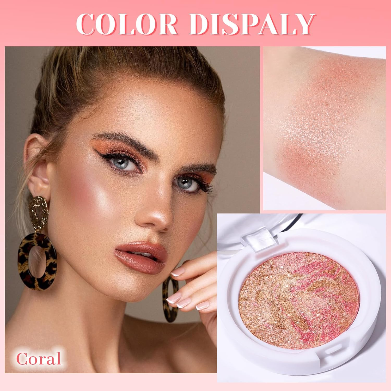 DAGEDA Baked Blush, Matte & Smooth Brighten Marbleized Blush, Highlighter Powder Palette, Lightweight, Shimmery and Highly Pigmented Powder Flush for Natural Glow Finish (Coral) image number 2