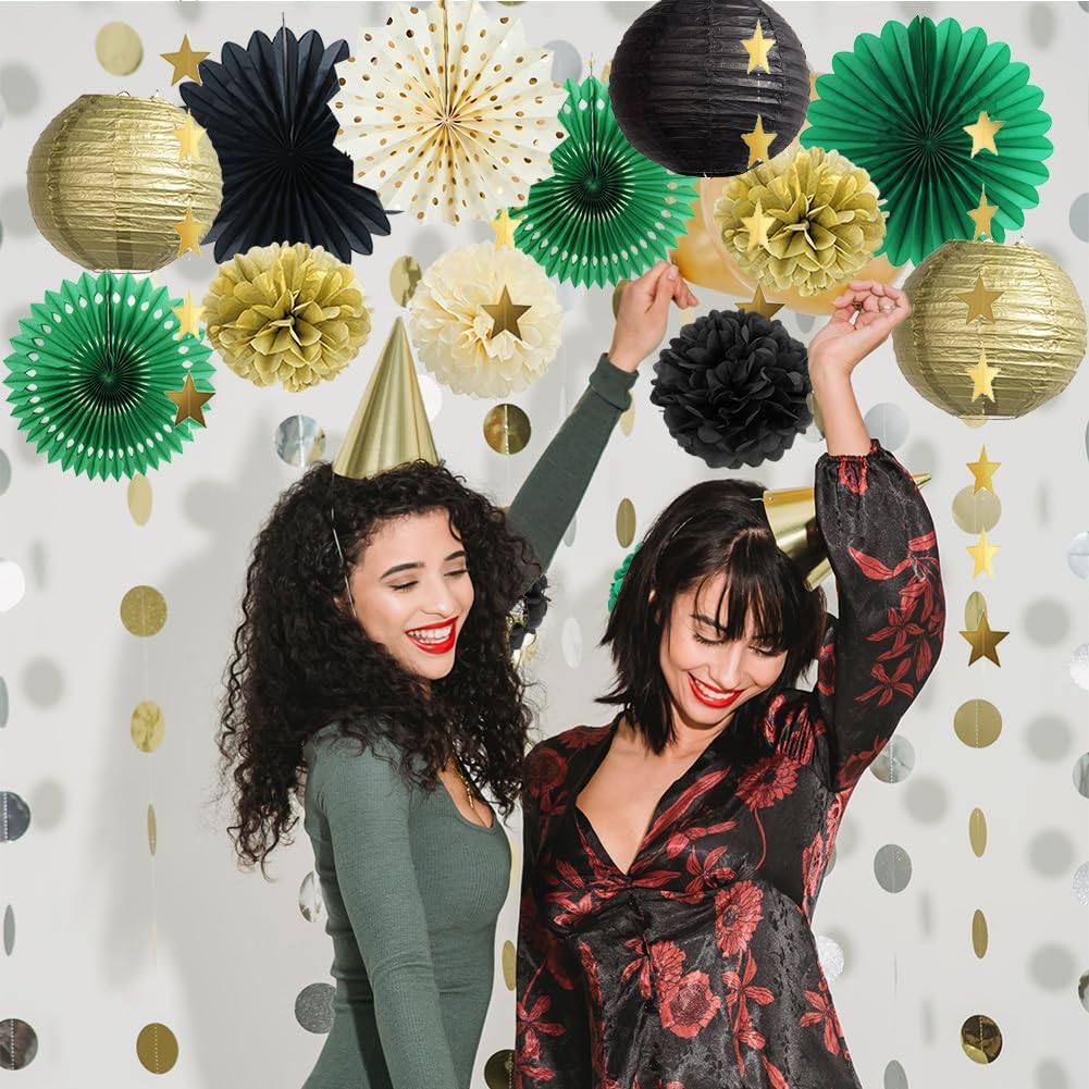 Green Black and Gold Party Decorations Paper Lanterns Black and Gold Tissue Paper Pom Poms Dark Green Black Gold Party Decorations for Fall Birthday Party Birthday Wedding Engagement image number 6