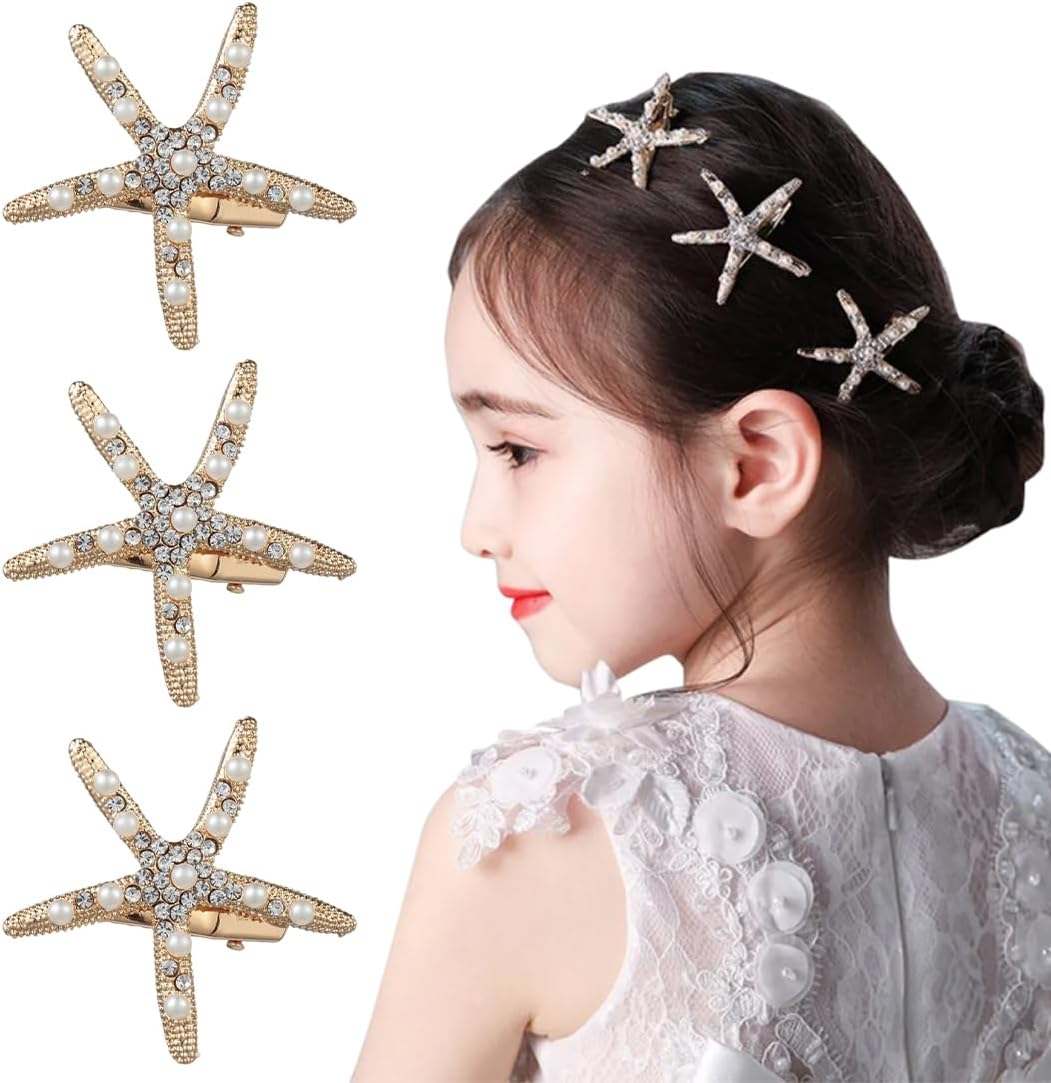 Pack of 3 Starfish Hair Clips, Diamond Hair Clip, Hairpin, Beach Starfish Hair Pin Girls Flower Girl Accessories image number 2