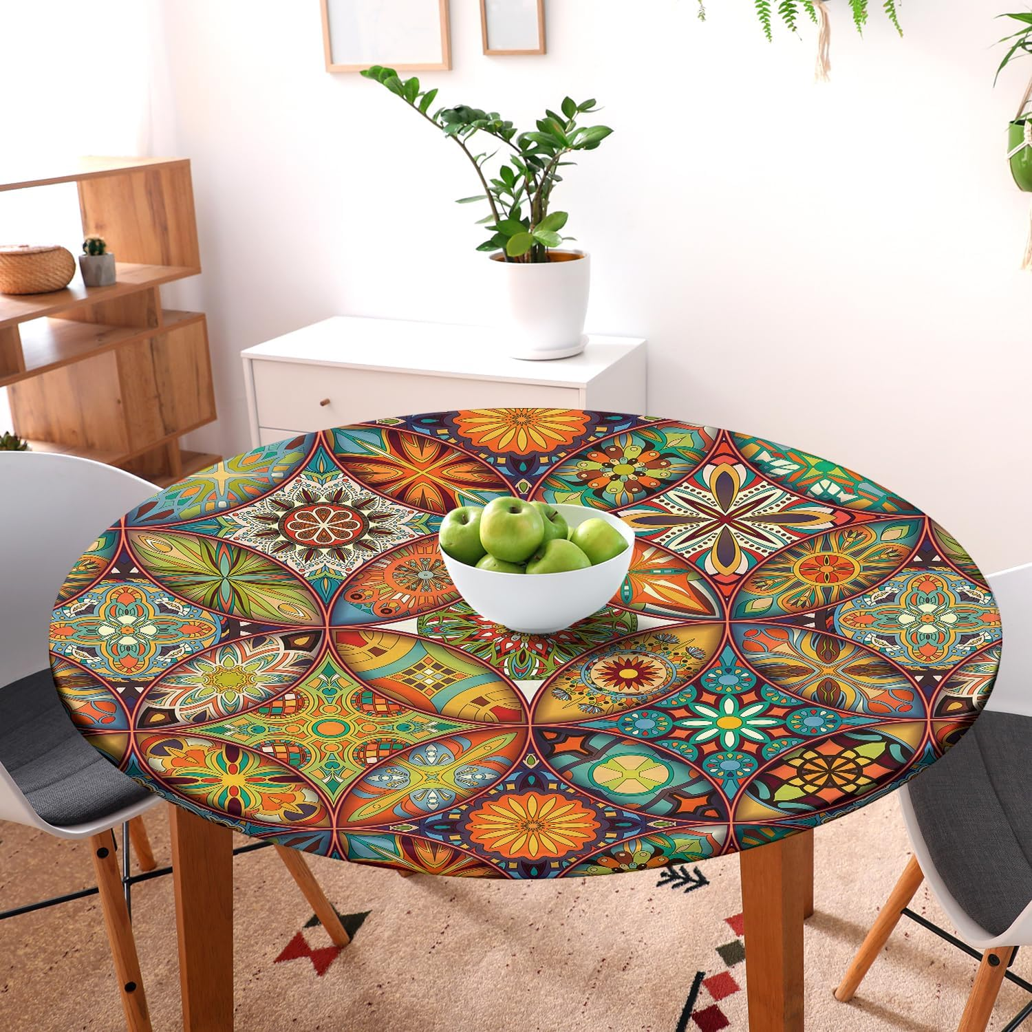 Round Fitted Tablecloth with Elastic round Outdoor Tablecloths Fitted Table Covers for Tables Waterproof Reusable Vinyl Tablecloth for Indoor and Outdoor 48''-52'' image number 6